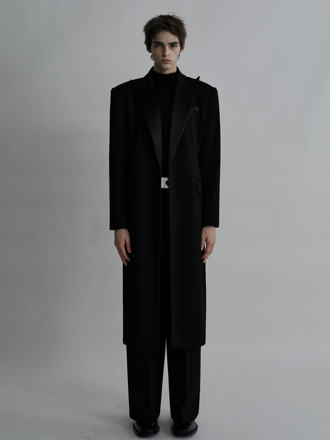 Long Satin Blazer With Peak - Lapel Design And A Cinched Waist