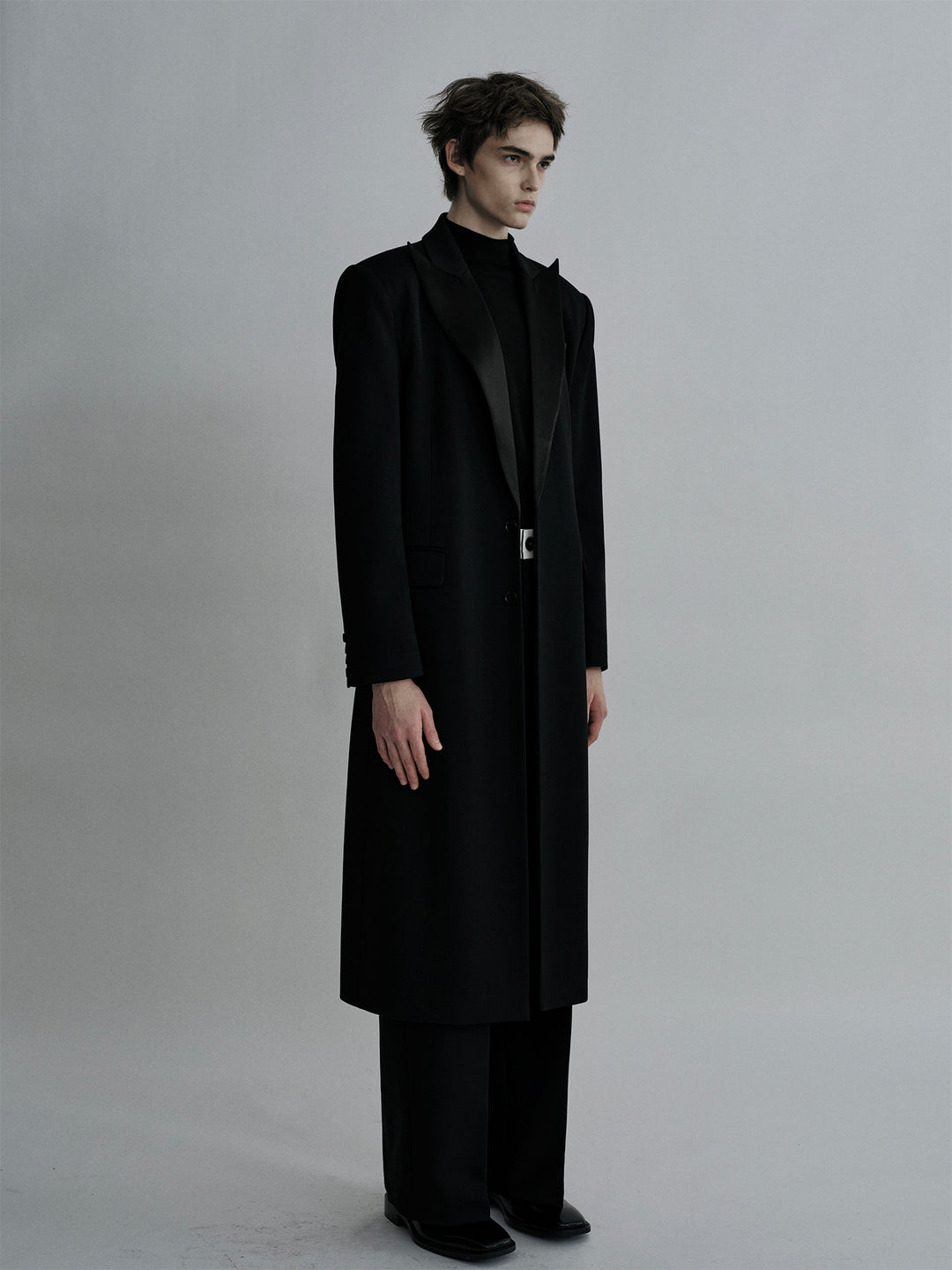 Long Satin Blazer With Peak - Lapel Design And A Cinched Waist