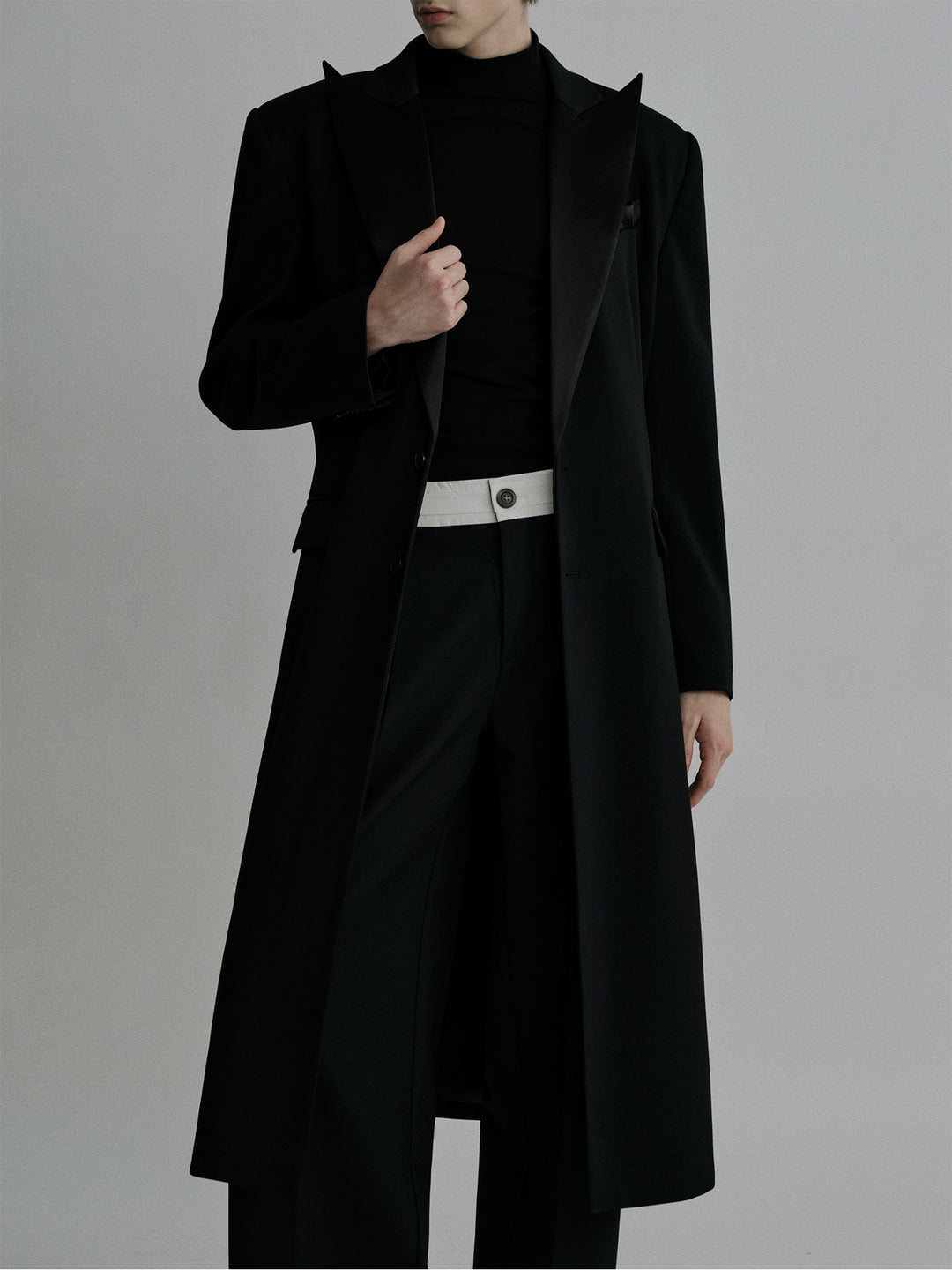 Long Satin Blazer With Peak - Lapel Design And A Cinched Waist