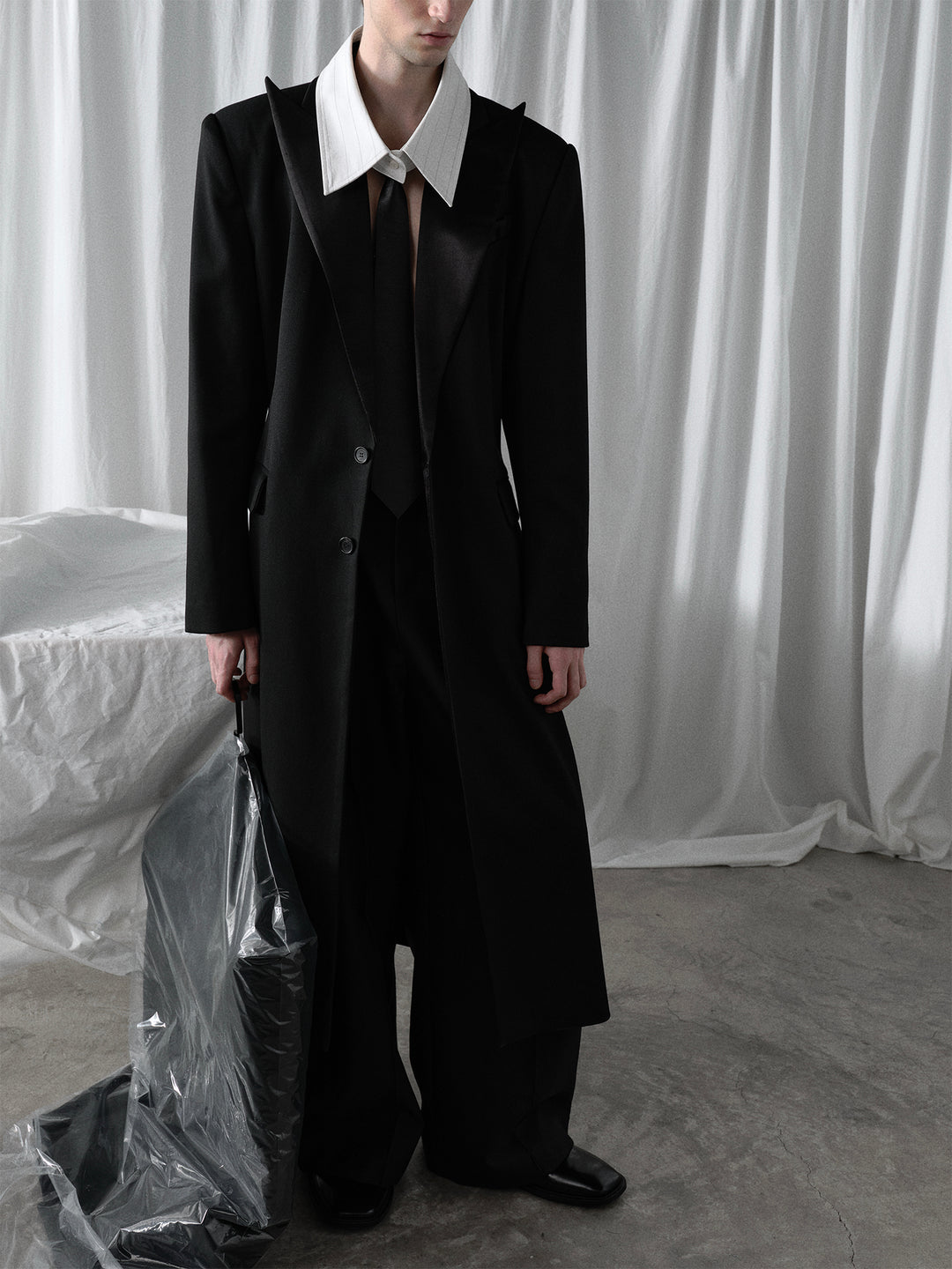 Long Satin Blazer With Peak - Lapel Design And A Cinched Waist