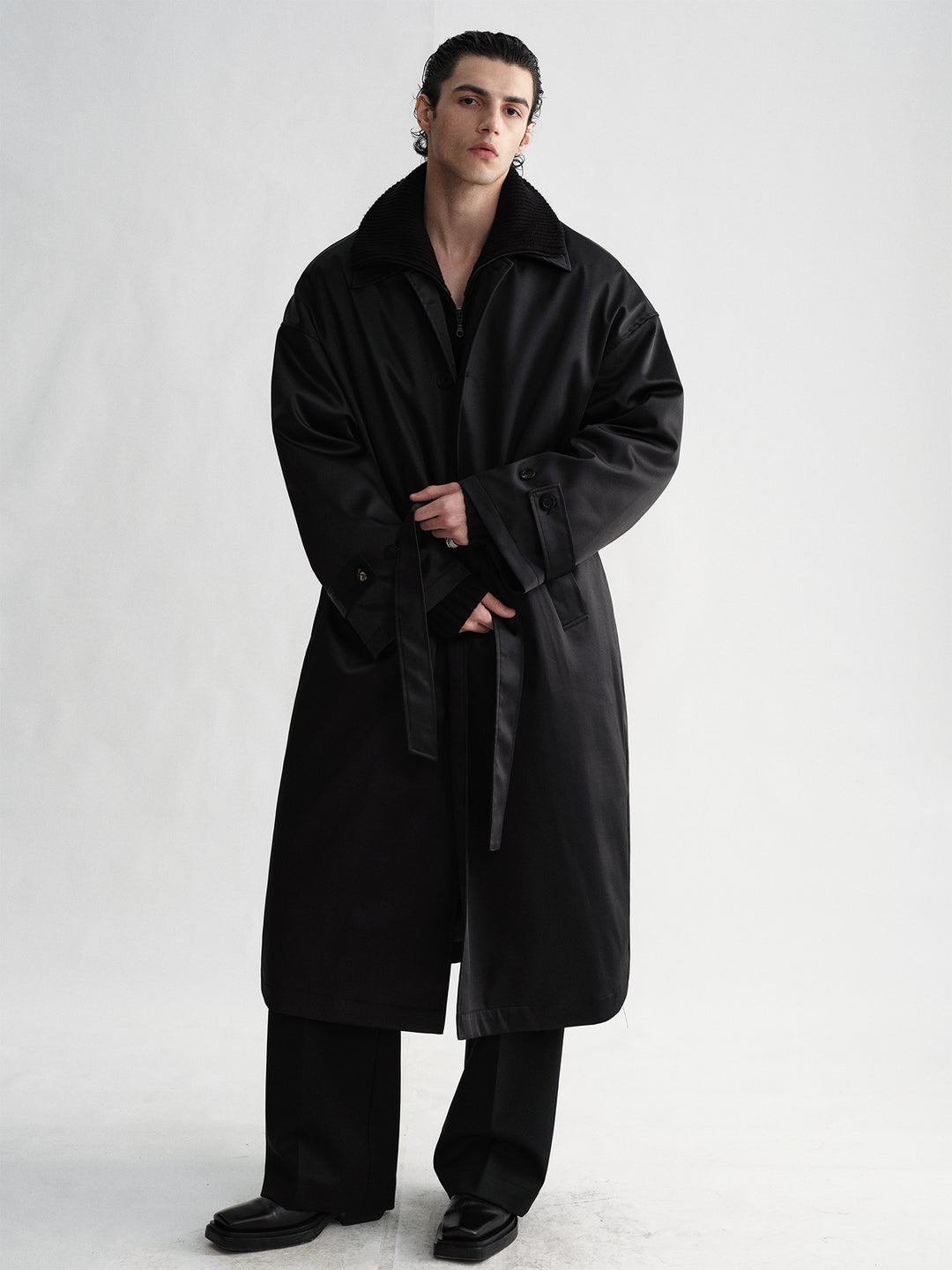 Long Windbreaker Coat With A Slightly Glossy Detachable Padded Liner