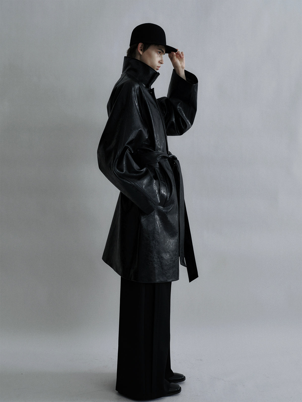 Oversized longline artificial waxed leather killer coat