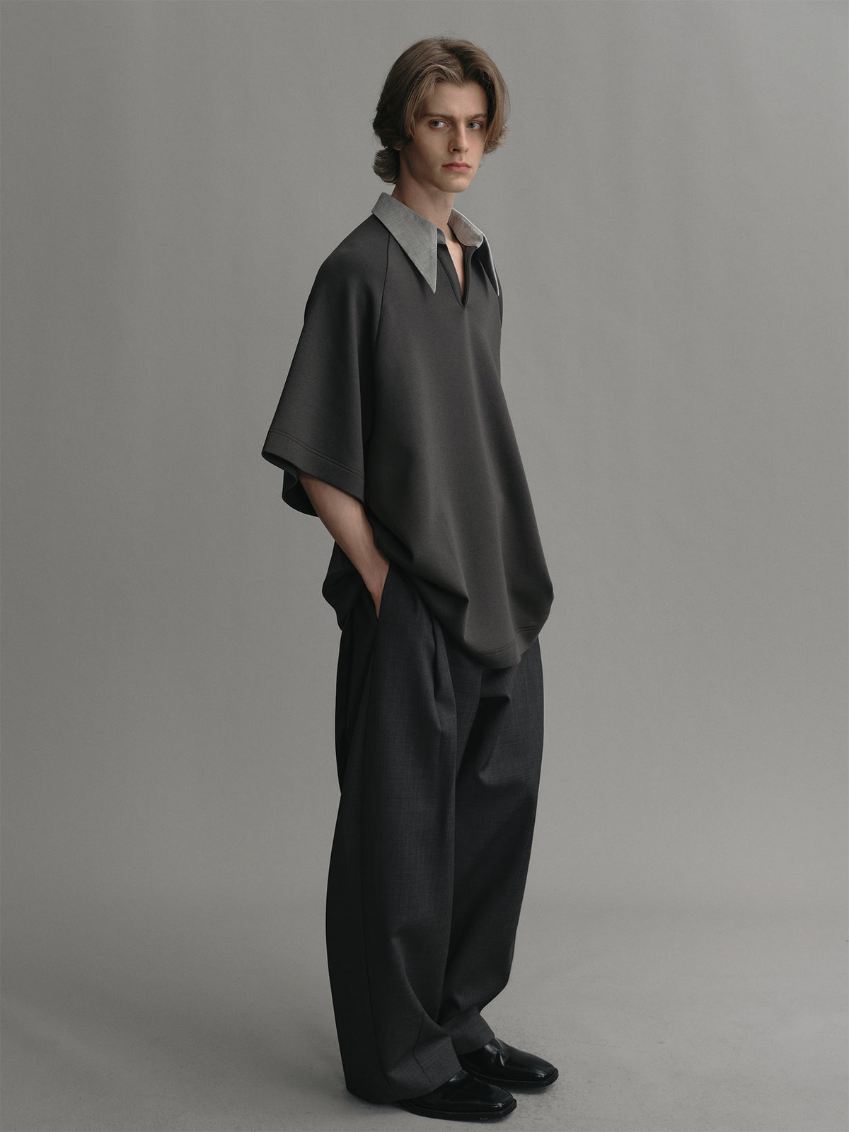 Wool lapel spliced design airy silhouette t shirt