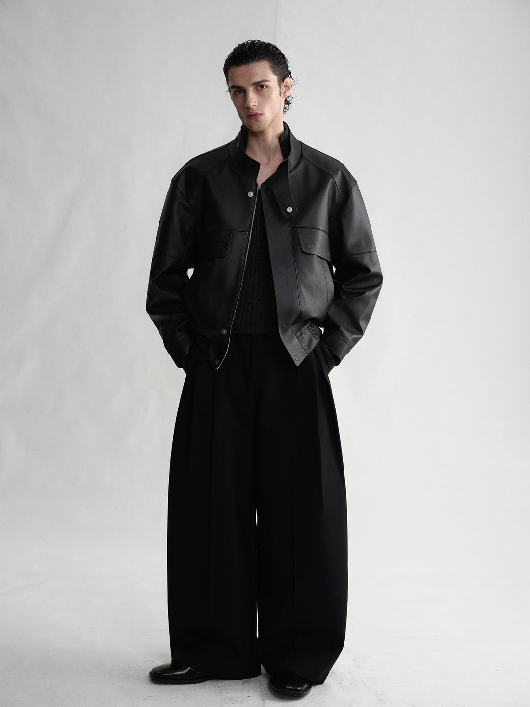 Cowhide Stand-Up Collar Design Boxy Jacket Coat