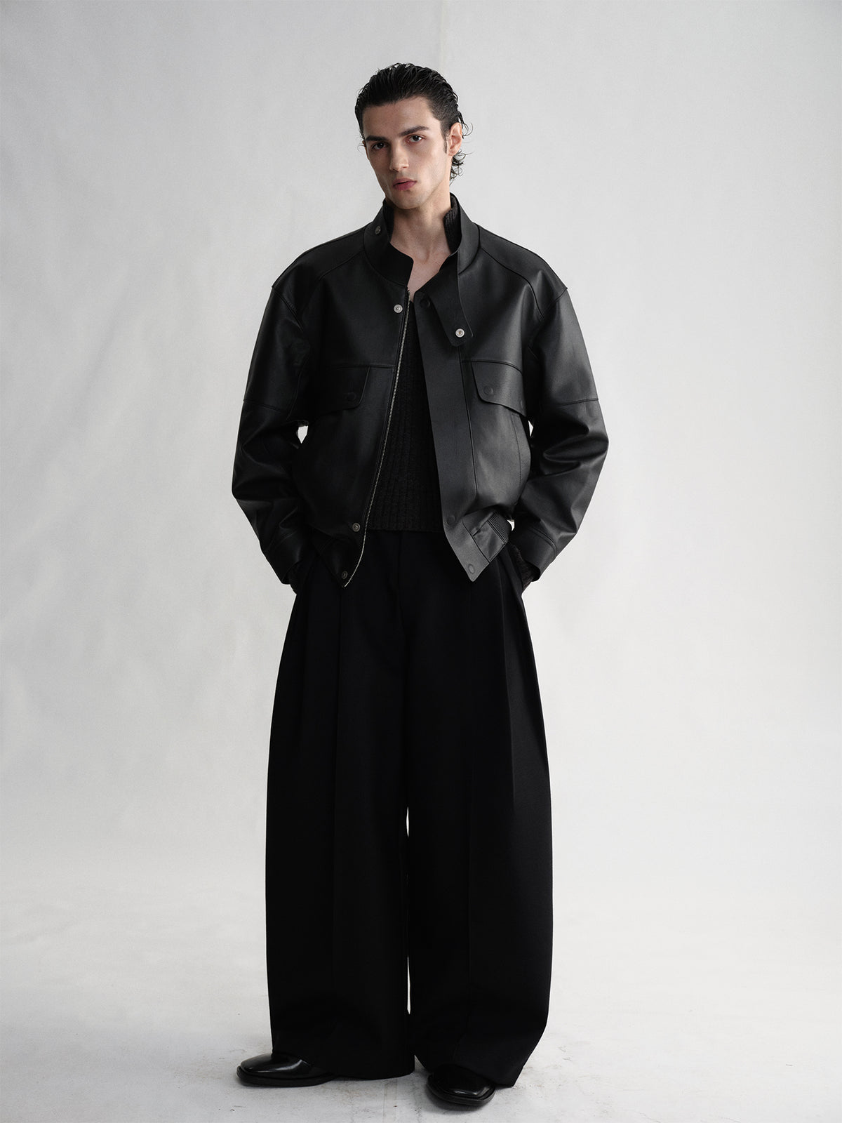 Cowhide stand up collar design boxy jacket coat