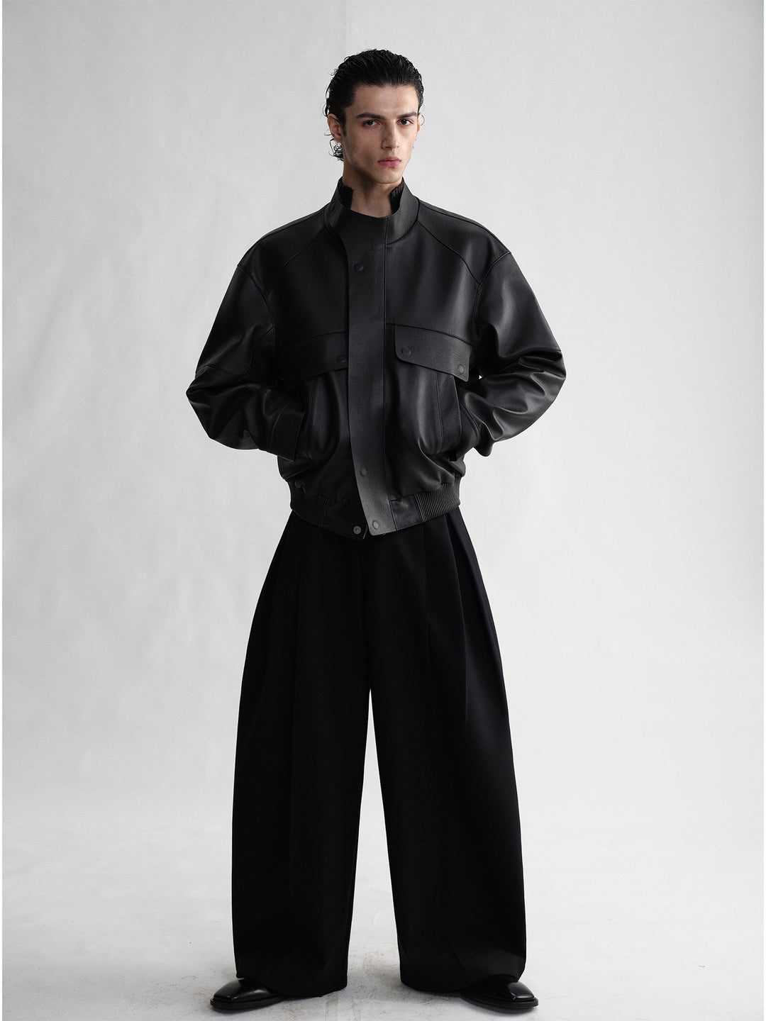 Cowhide Stand-Up Collar Design Boxy Jacket Coat