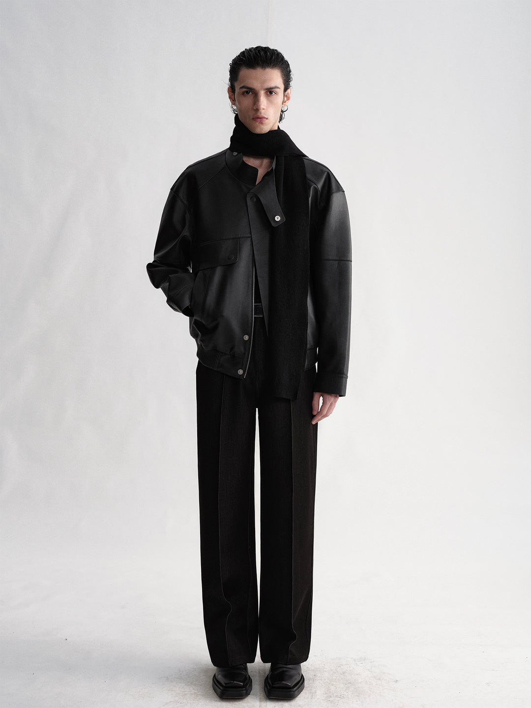 Cowhide Stand-Up Collar Design Boxy Jacket Coat