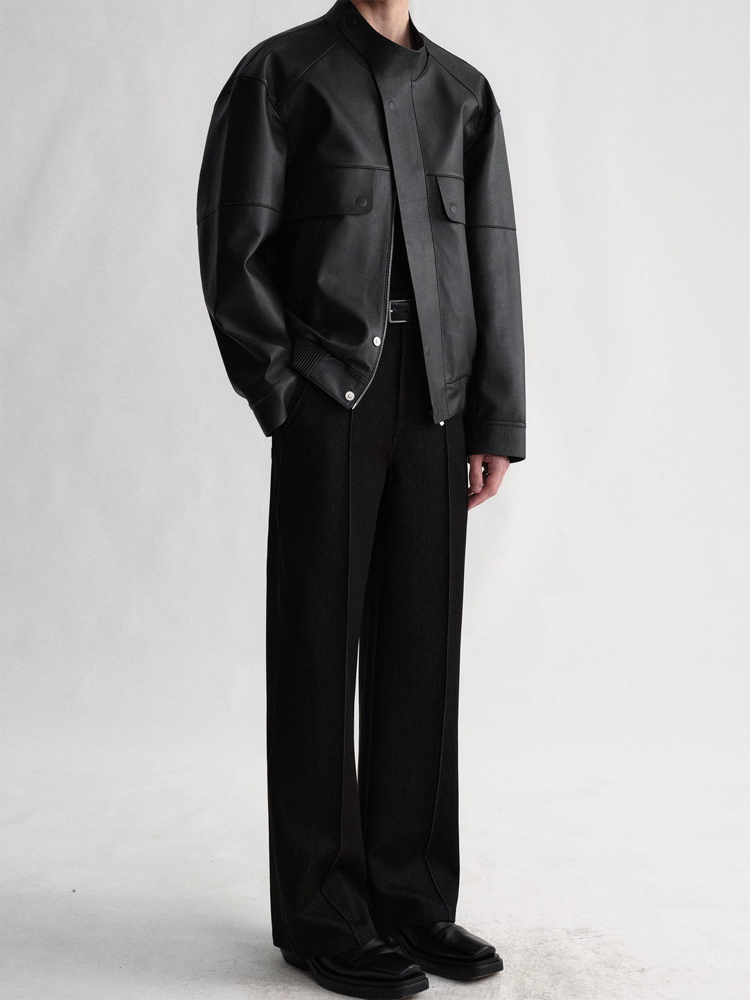 Cowhide Stand-Up Collar Design Boxy Jacket Coat