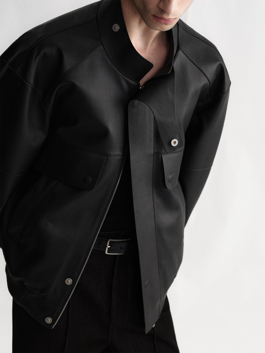 Cowhide Stand-Up Collar Design Boxy Jacket Coat