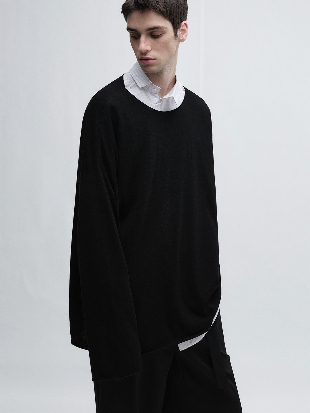 Relaxed And Lazy Black Crewneck Oversized Wool Knitwear