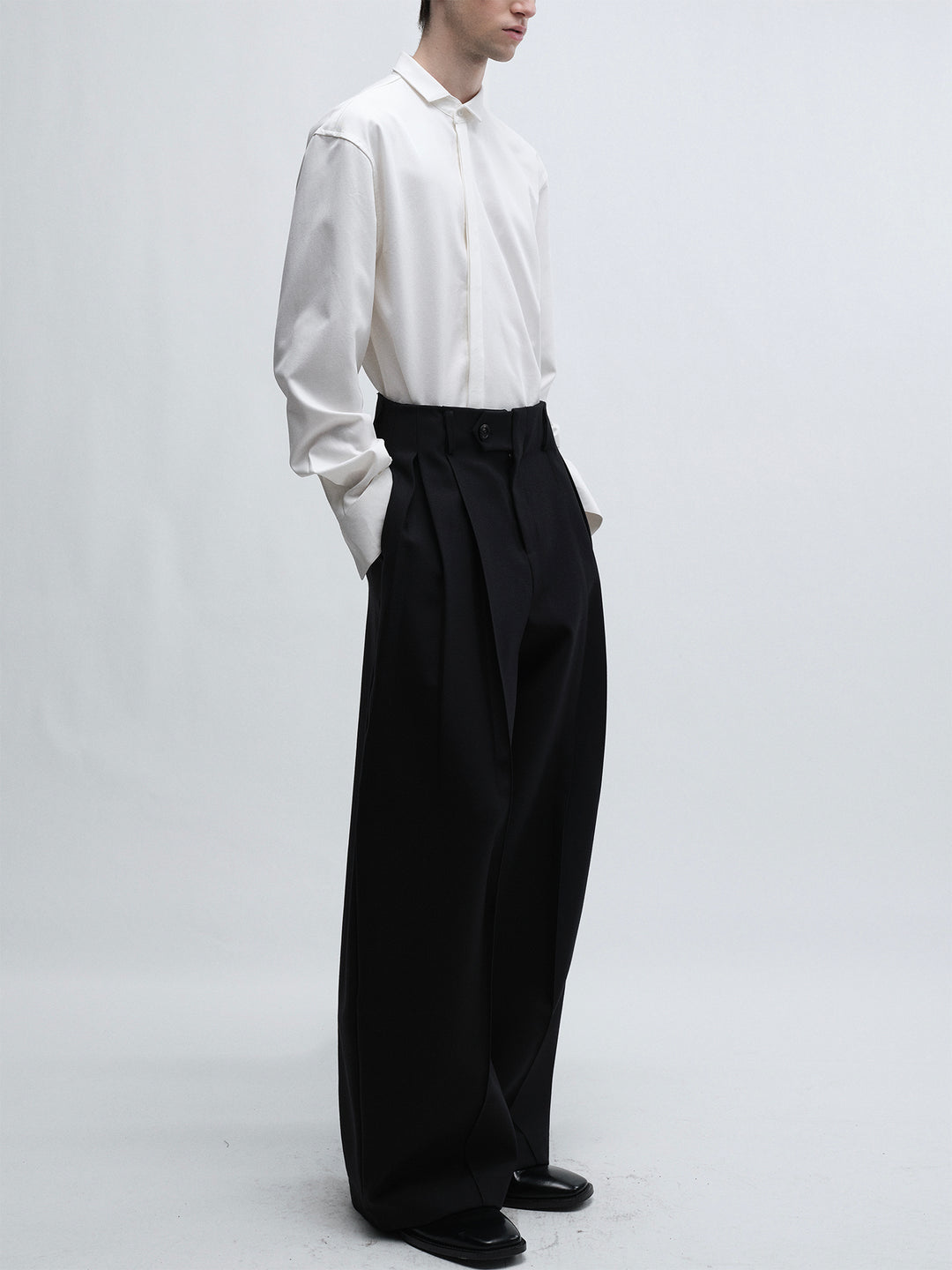 White Shirt With Slanted Collar Design And Hidden Placket