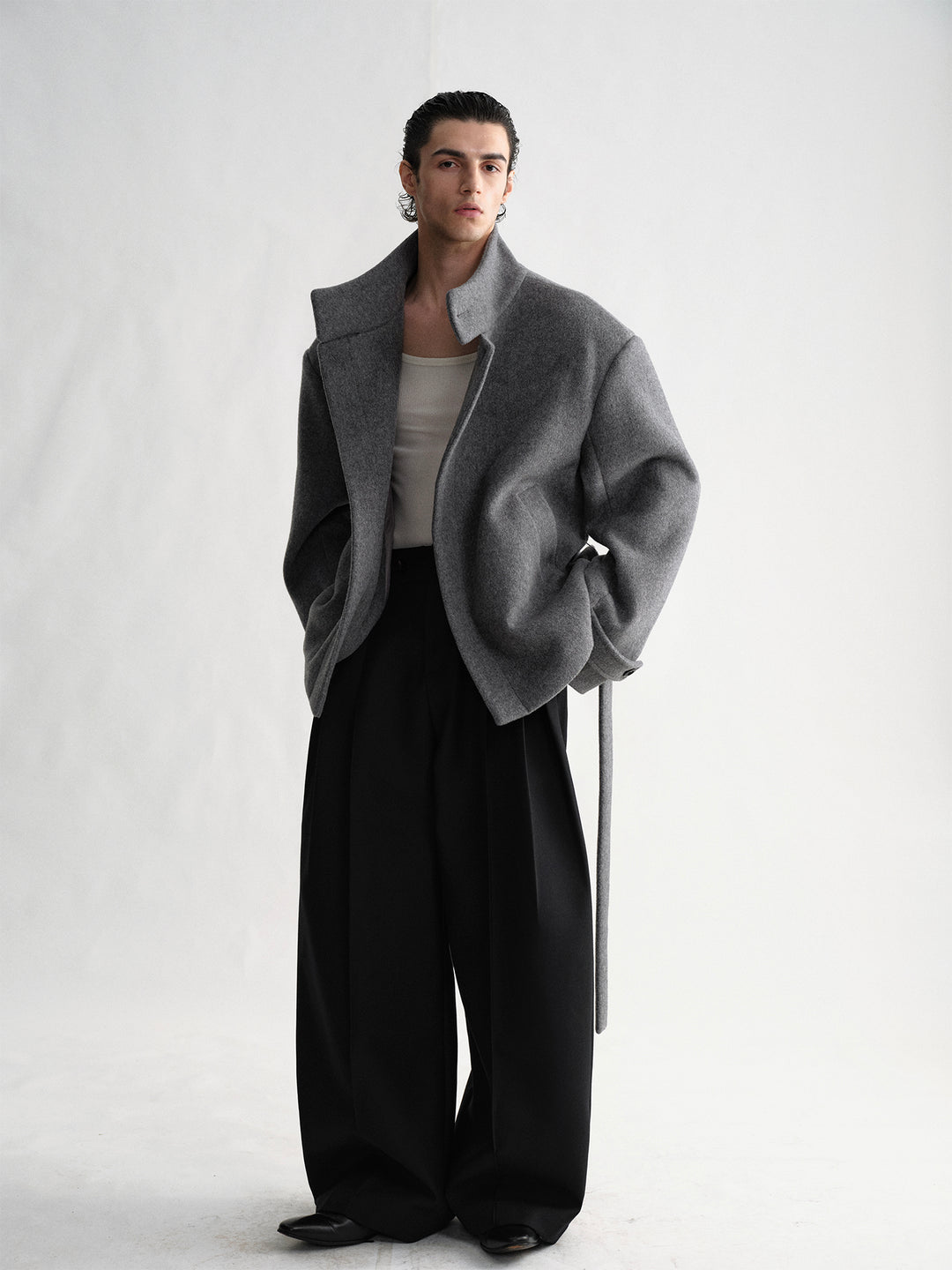 Gray Stand-Collar Wool Coat with Belt