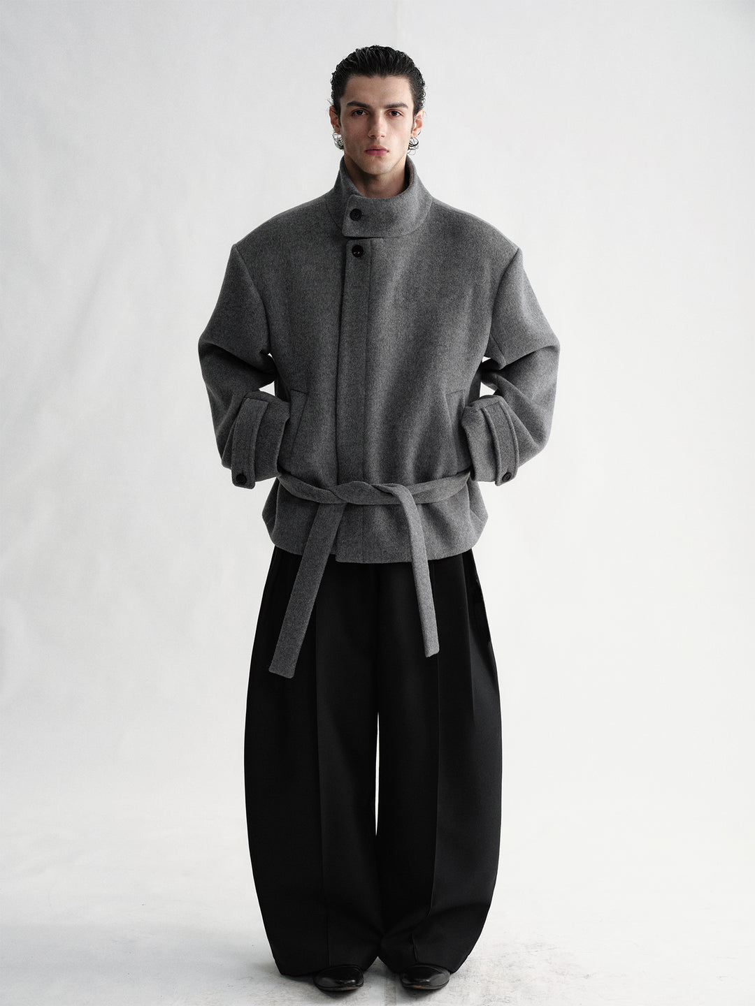 Gray Stand-Collar Wool Coat with Belt