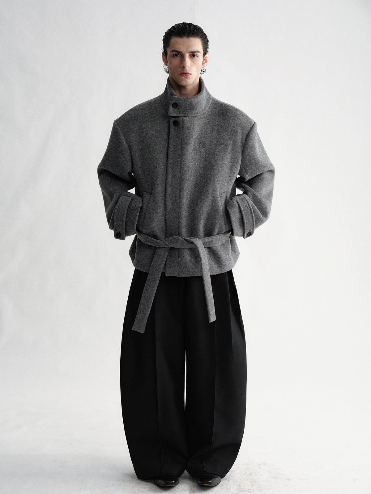 Gray stand collar wool coat with belt