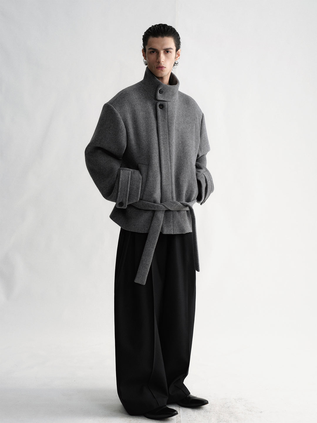 Gray Stand-Collar Wool Coat with Belt