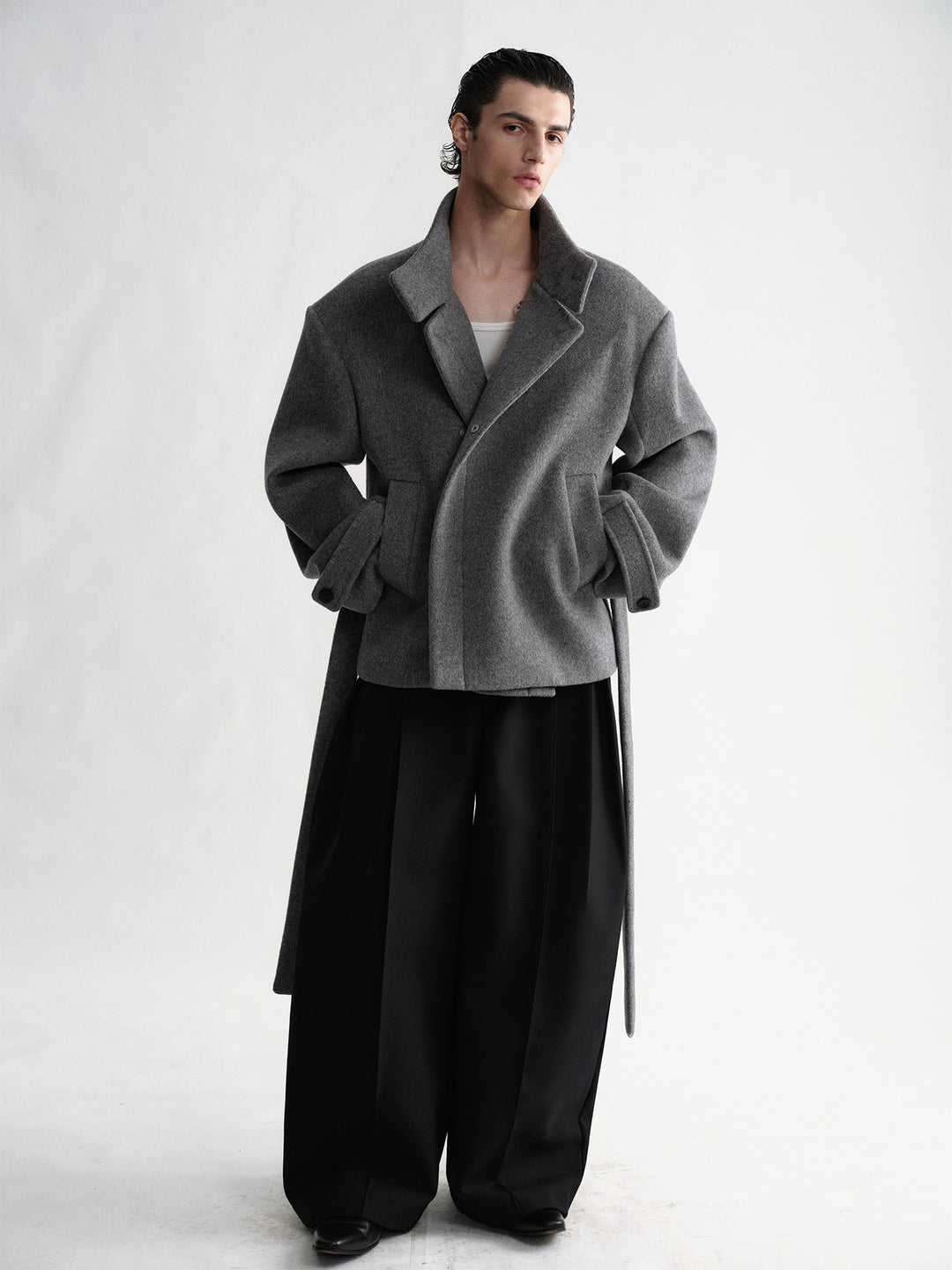 Gray Stand-Collar Wool Coat with Belt