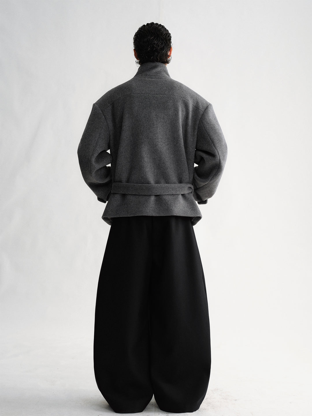 Gray Stand-Collar Wool Coat with Belt