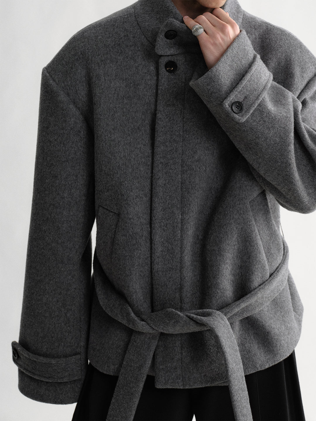 Gray Stand-Collar Wool Coat with Belt