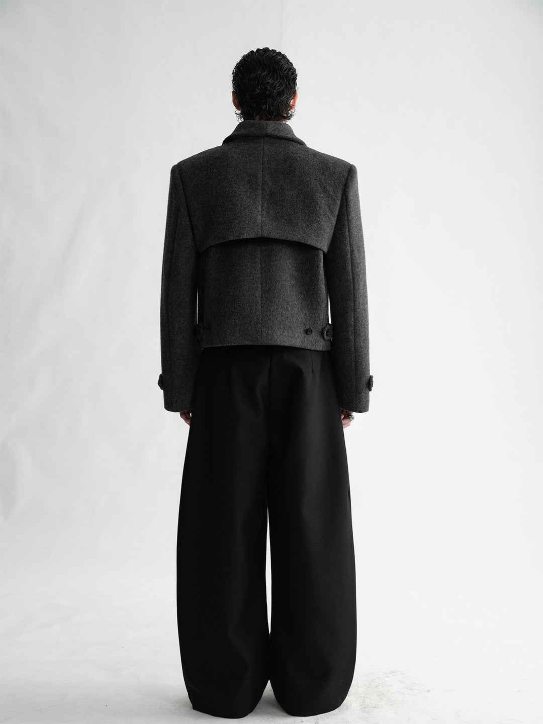 Dark Gray Textured Woolen Short Coat With Shawl Collar And Hidden Placket Design