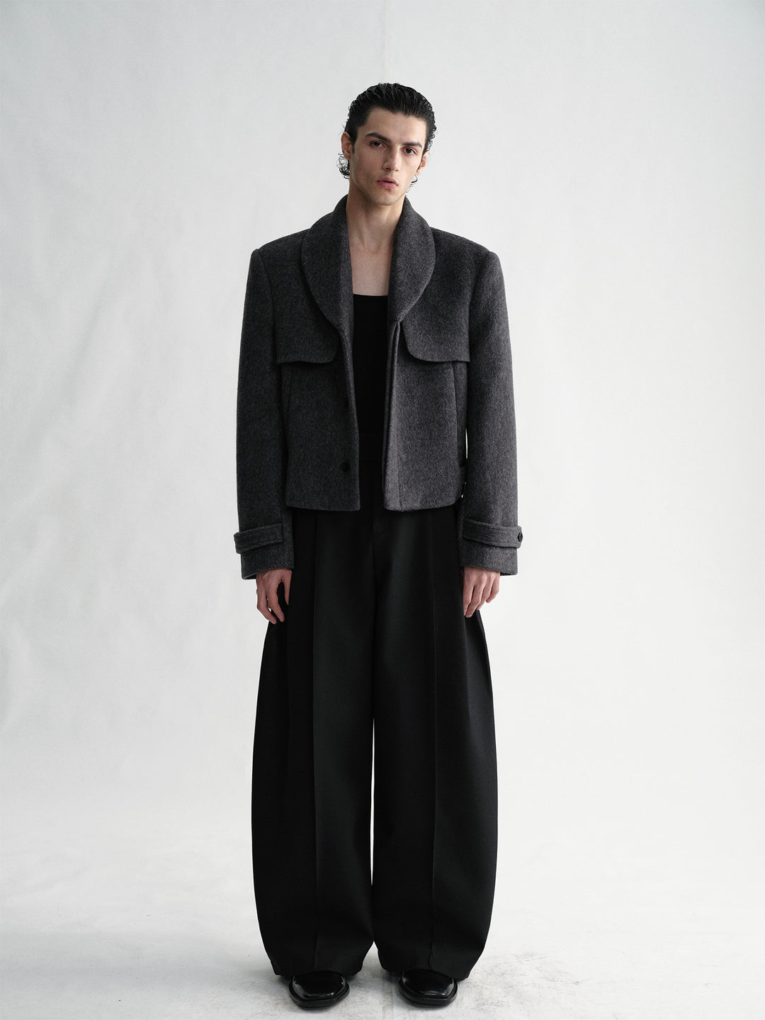 Dark Gray Textured Woolen Short Coat With Shawl Collar And Hidden Placket Design
