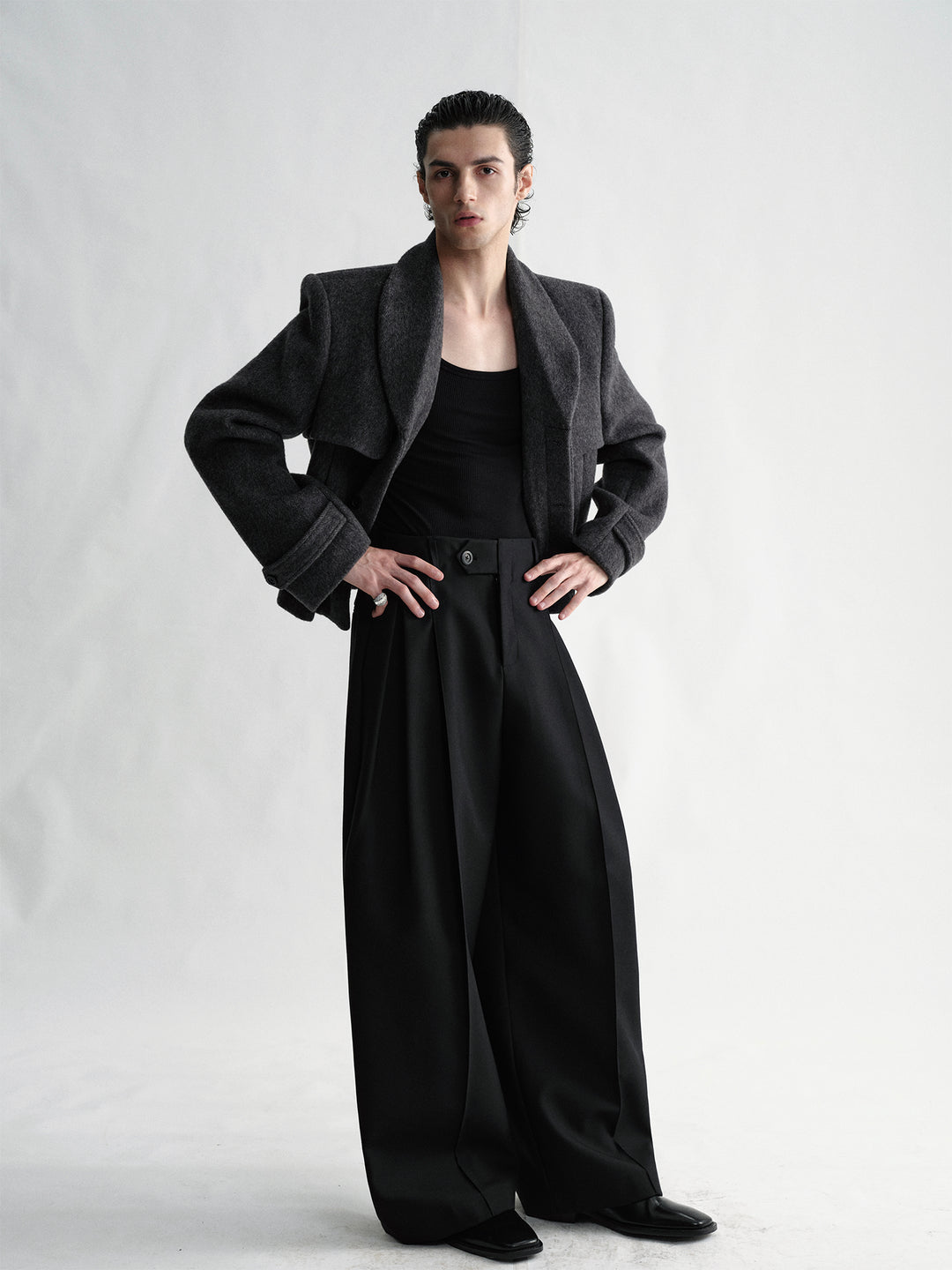 Dark Gray Textured Woolen Short Coat With Shawl Collar And Hidden Placket Design