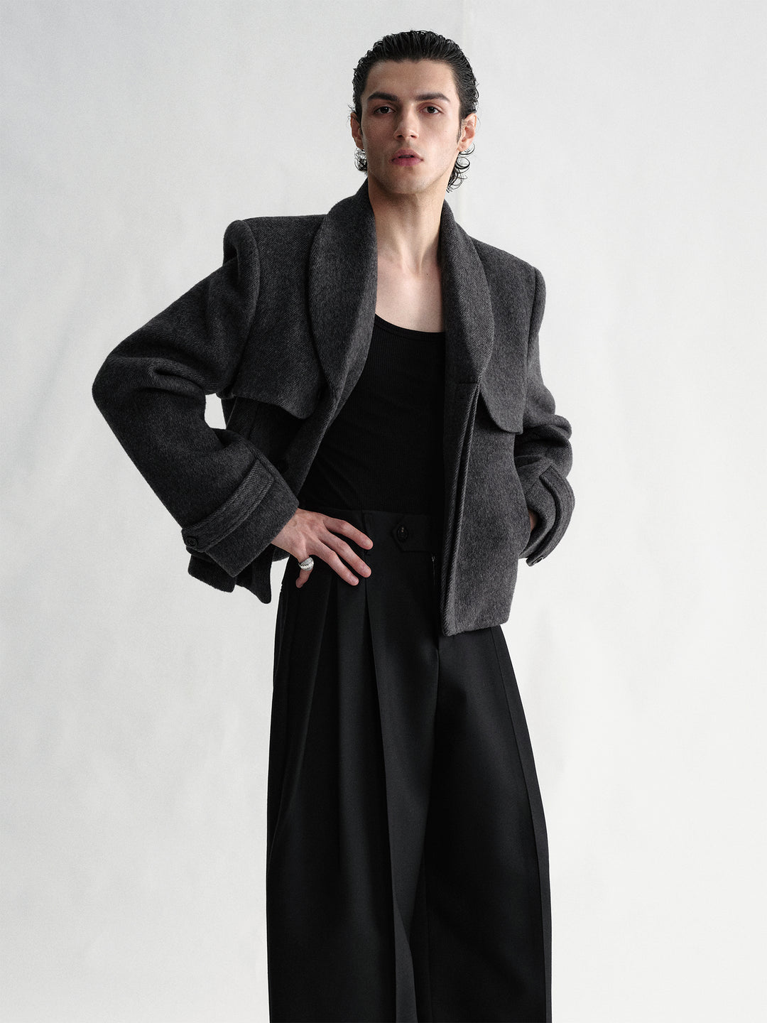 Dark Gray Textured Woolen Short Coat With Shawl Collar And Hidden Placket Design