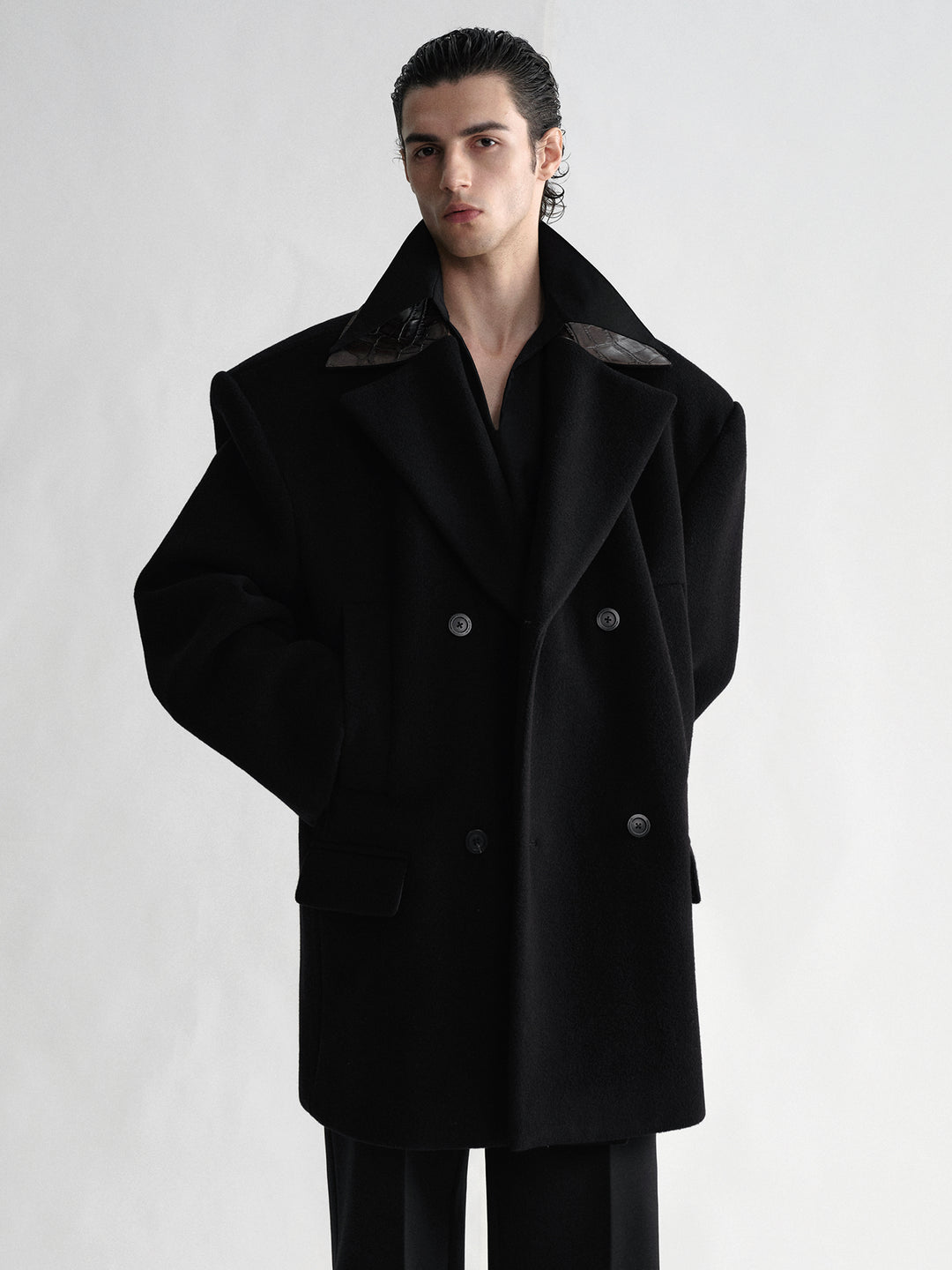 Crocodile-Print Leather Collar Wool Coat