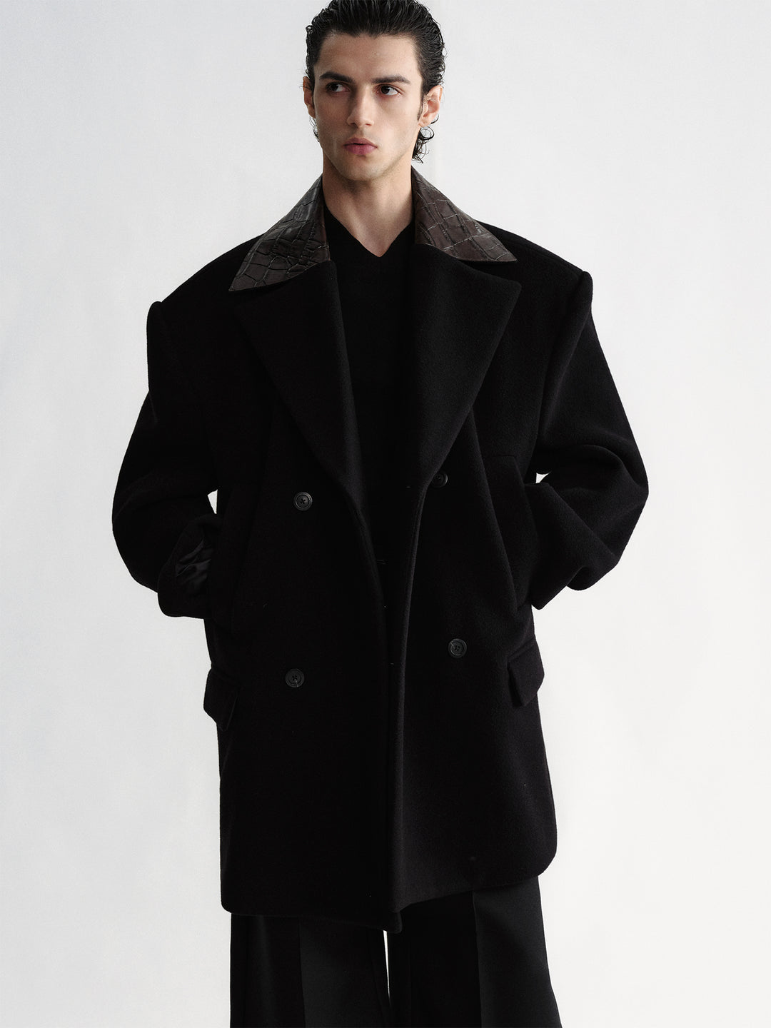 Crocodile-Print Leather Collar Wool Coat