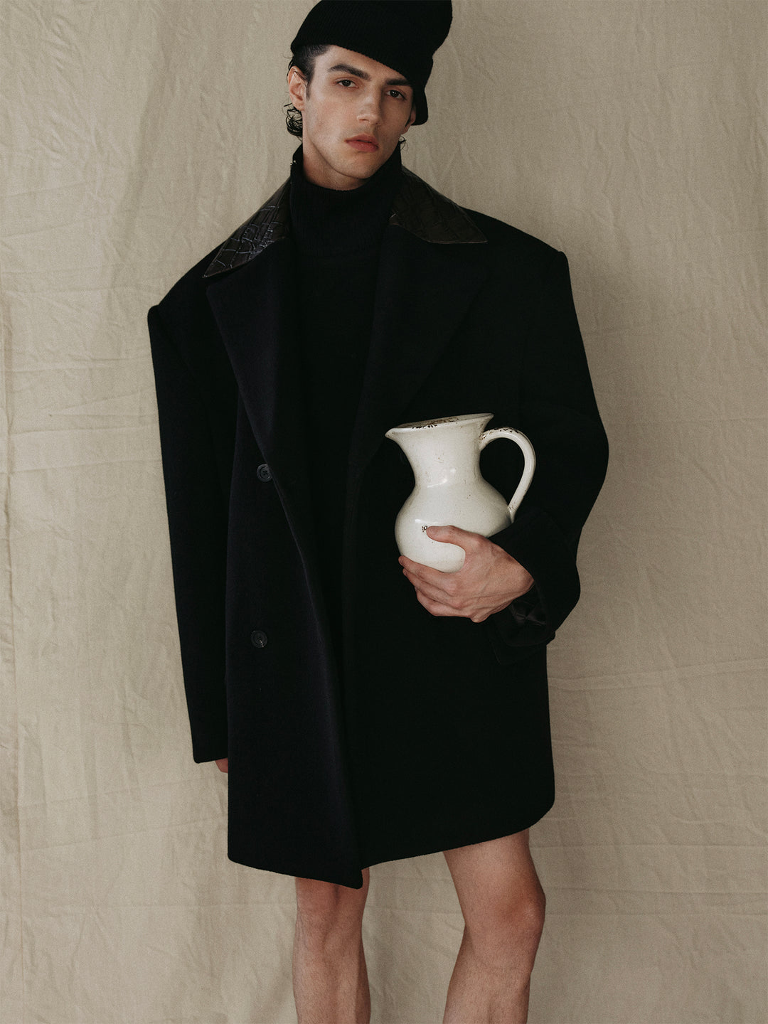 Crocodile-Print Leather Collar Wool Coat