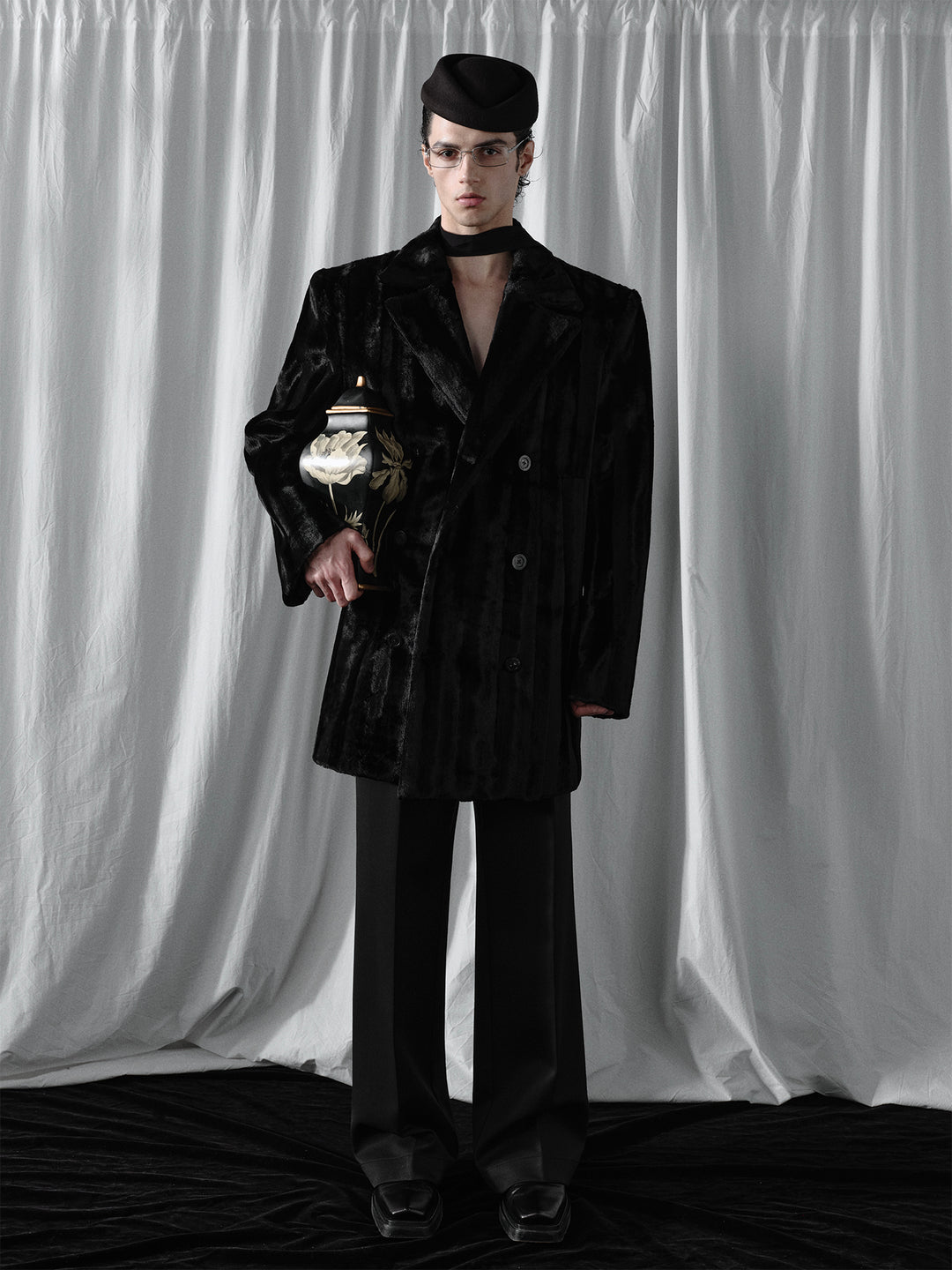 Mid-Length Coat With Acetate Suede Texture And Double-Breasted Design