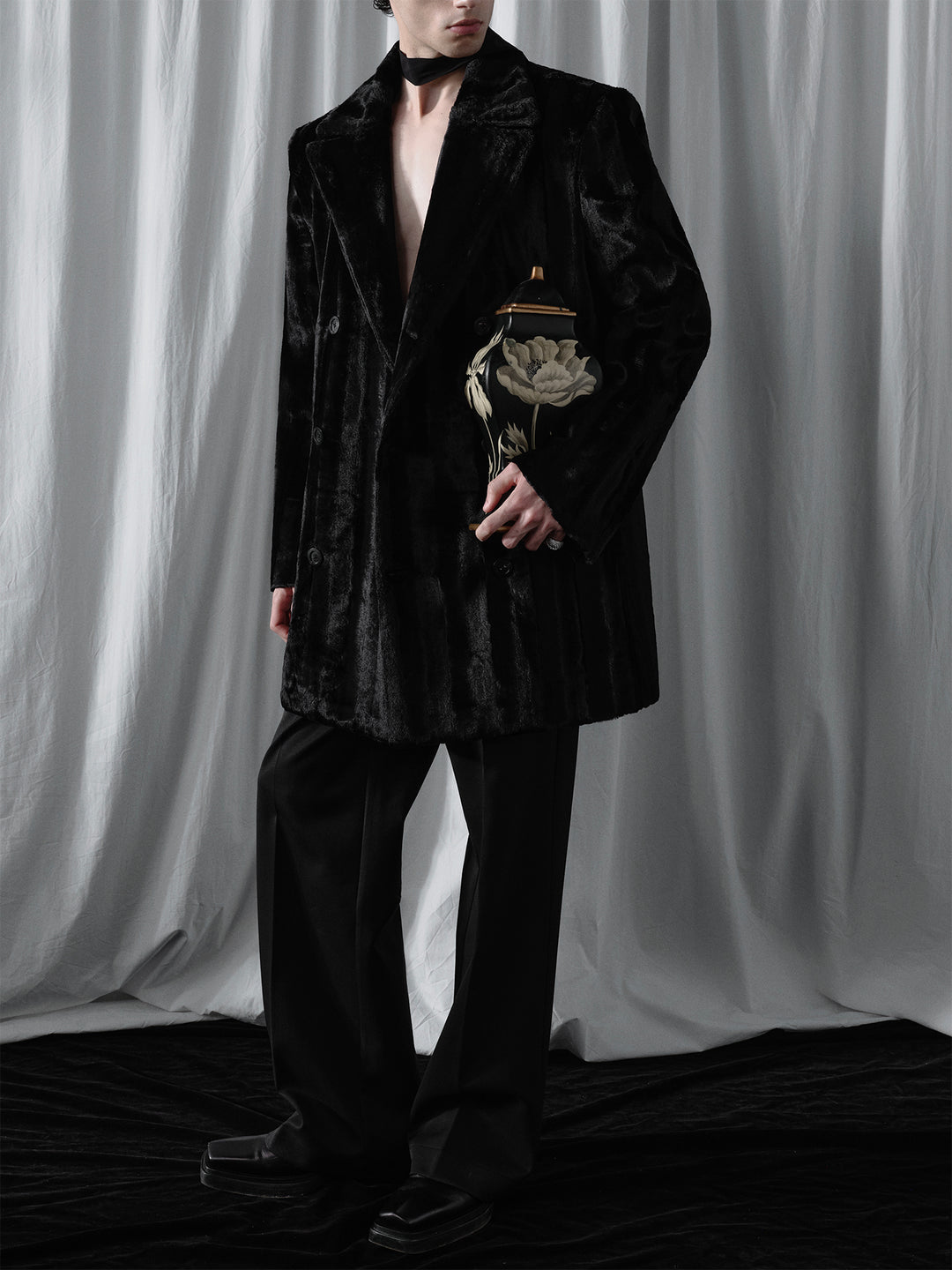 Mid-Length Coat With Acetate Suede Texture And Double-Breasted Design