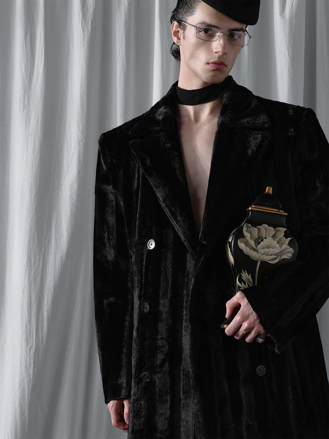 Mid-Length Coat With Acetate Suede Texture And Double-Breasted Design