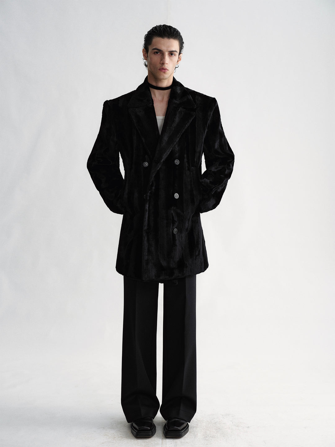 Mid-Length Coat With Acetate Suede Texture And Double-Breasted Design