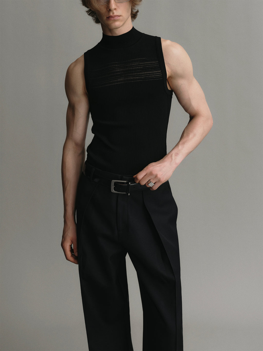 Black Mock Neck Slim Vest With Hollow-out Design