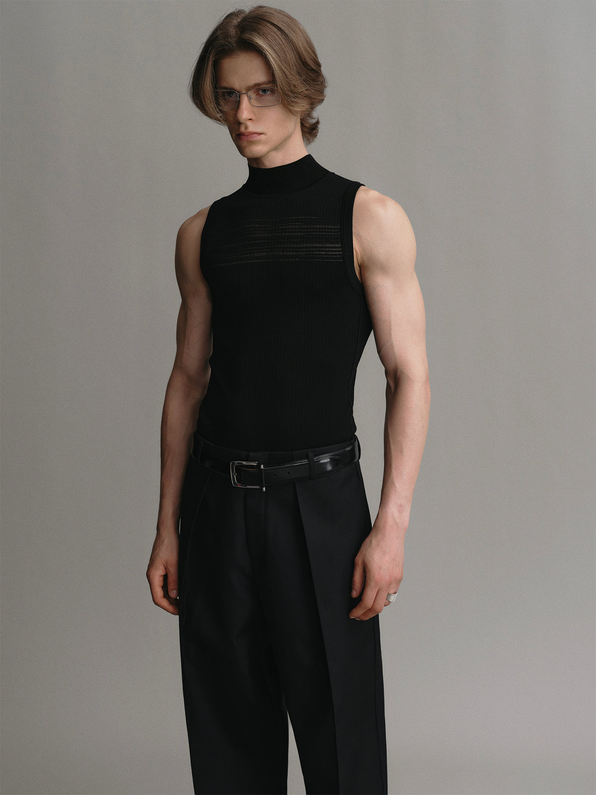 Black mock neck slim vest with hollow out design