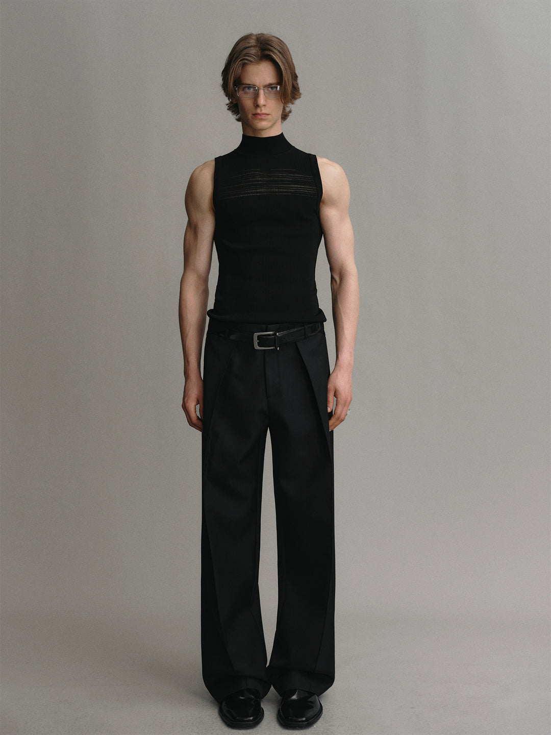 Black Mock Neck Slim Vest With Hollow-out Design