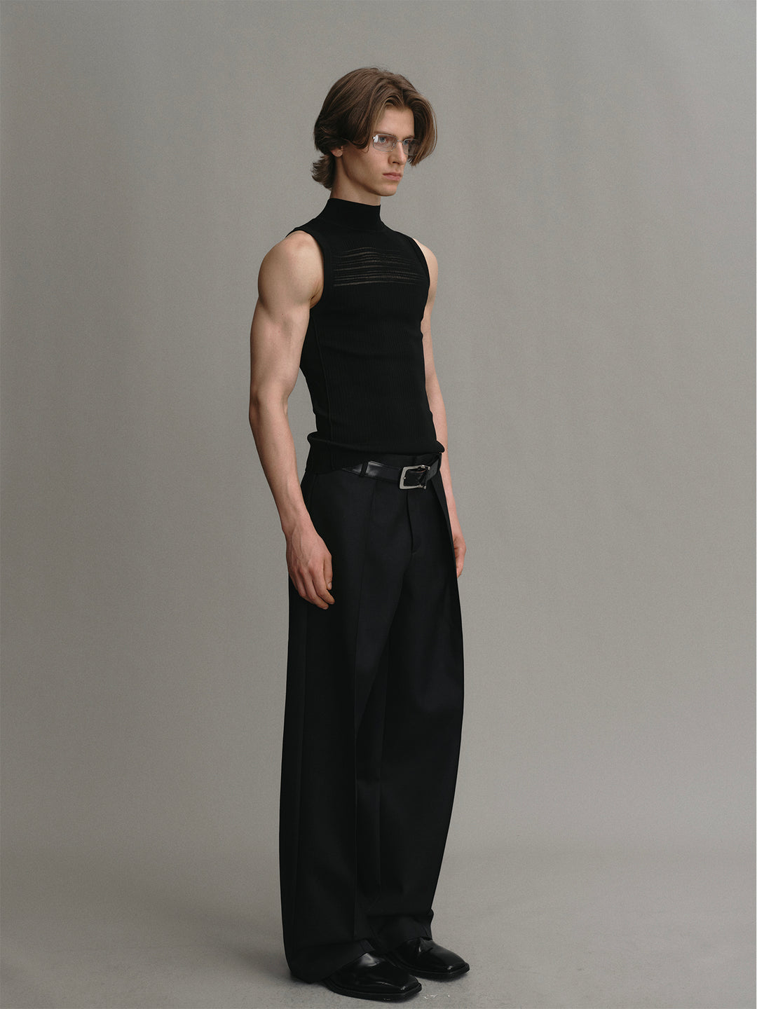 Black Mock Neck Slim Vest With Hollow-out Design