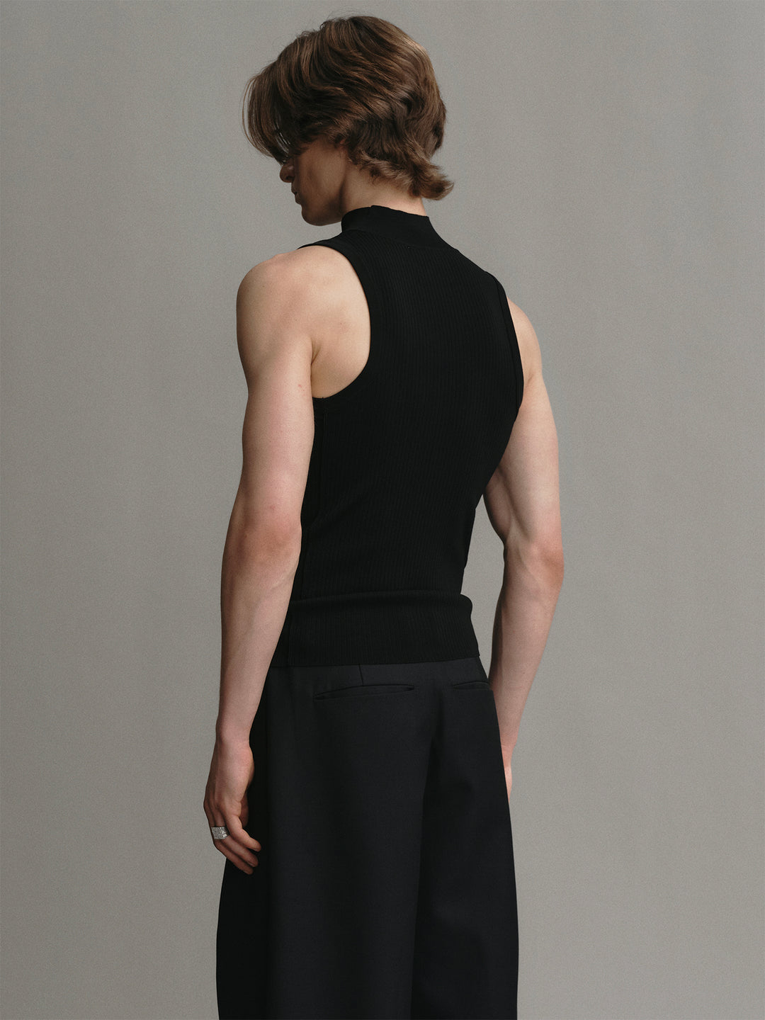 Black Mock Neck Slim Vest With Hollow-out Design