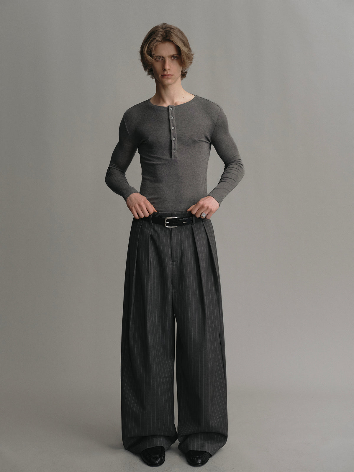 Dark grey striped wool wide leg trousers