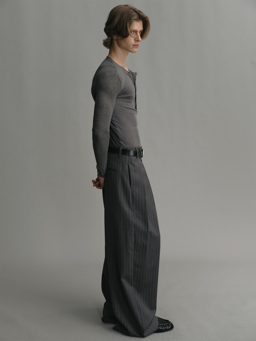 Dark Grey Striped Wool Wide-leg Trousers