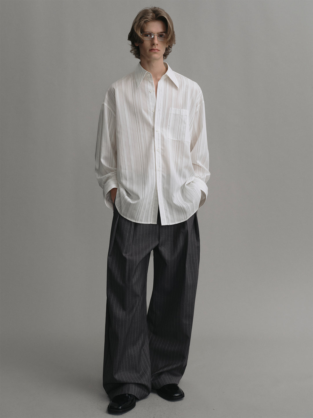 Dark Grey Striped Wool Wide-leg Trousers