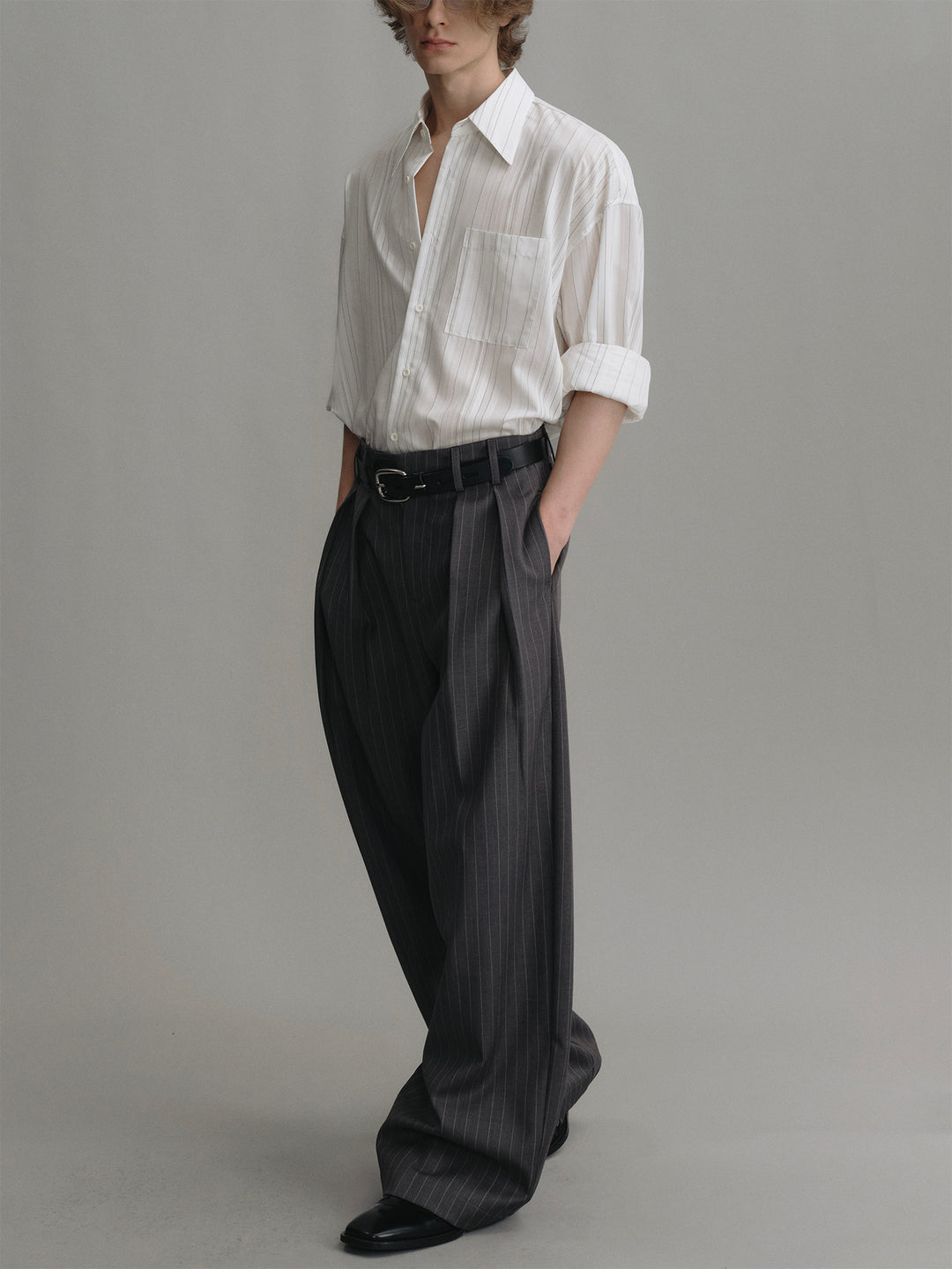 Dark Grey Striped Wool Wide-leg Trousers