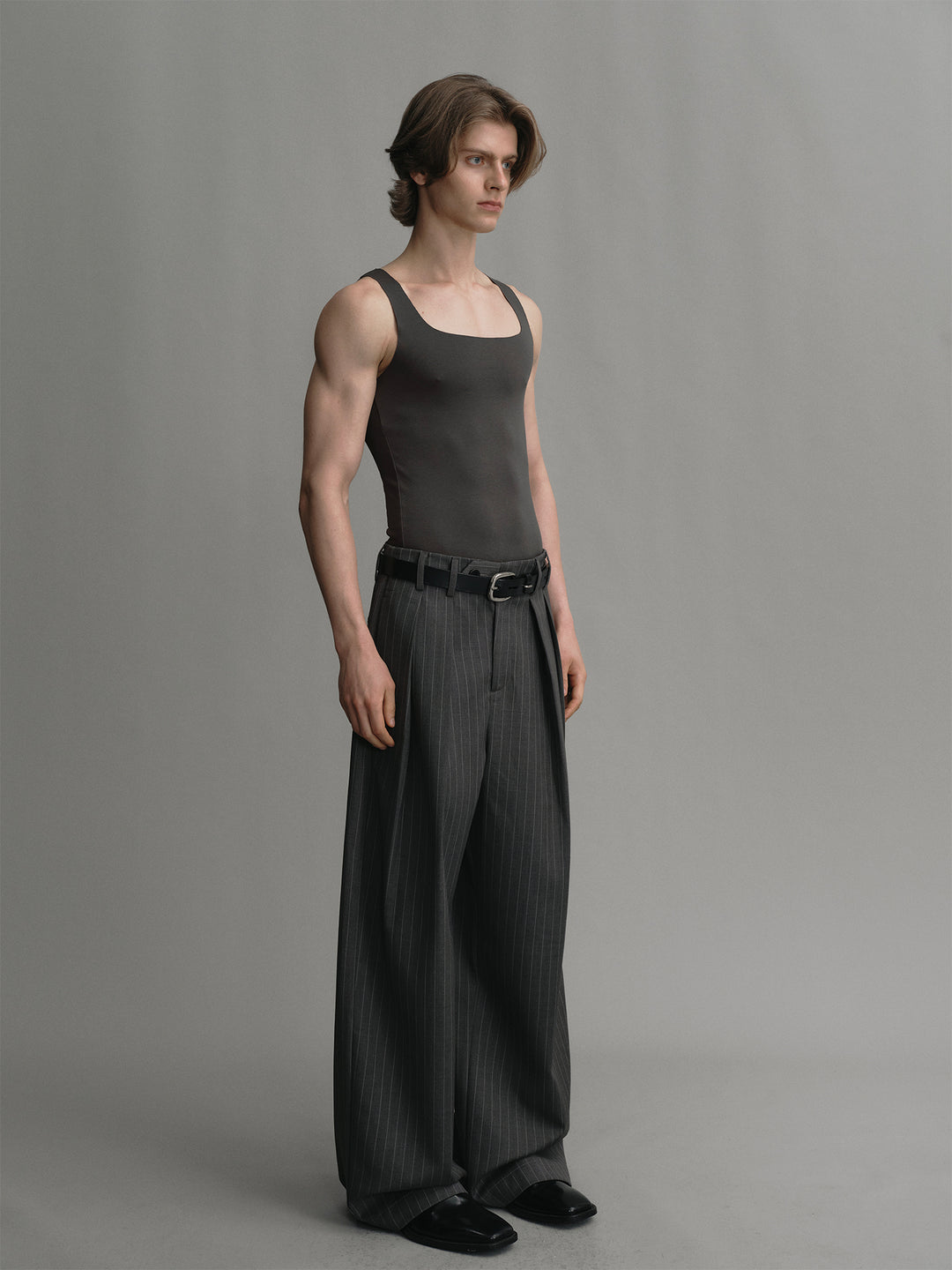 Dark Grey Striped Wool Wide-leg Trousers