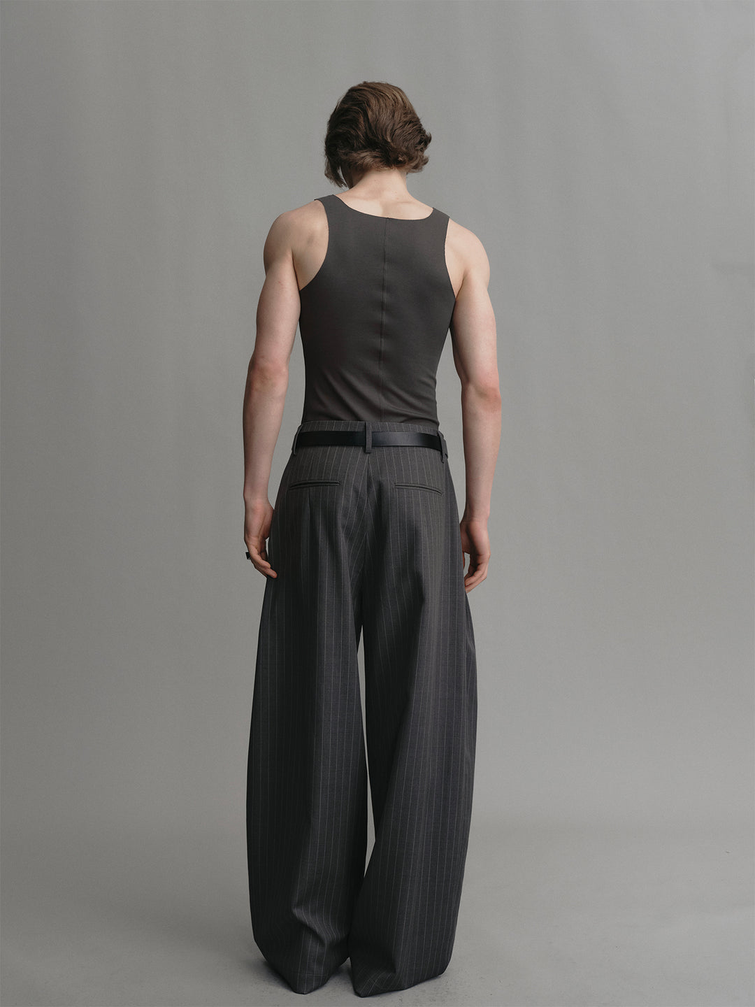 Dark Grey Striped Wool Wide-leg Trousers