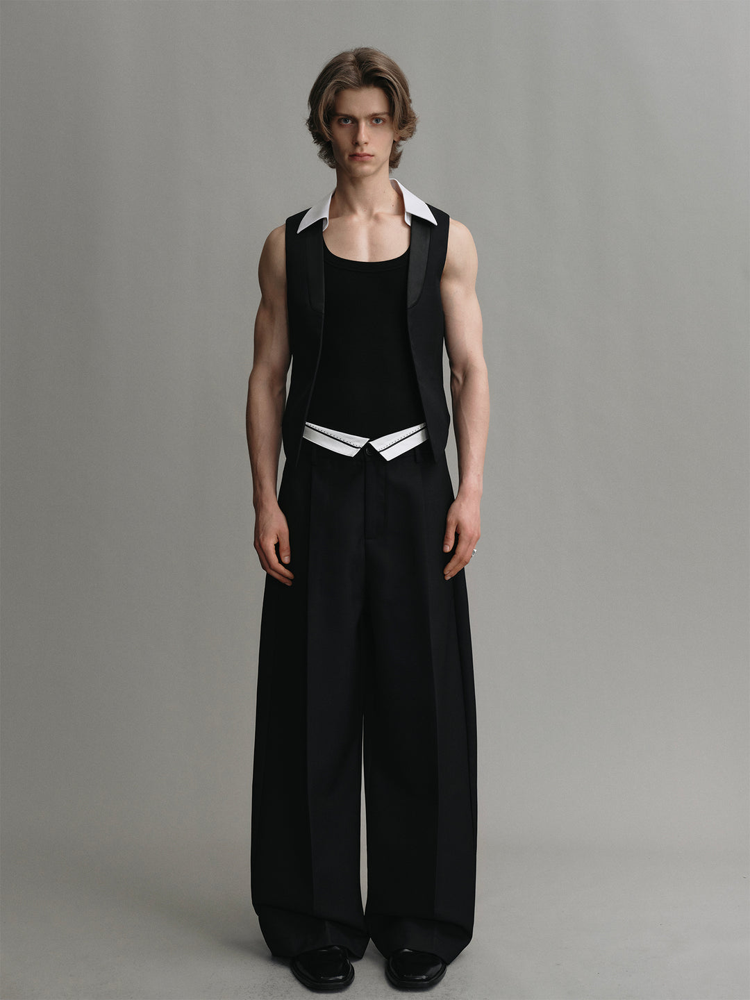 Wool Wide-leg Tailored Trousers With Spliced White Waistband Design