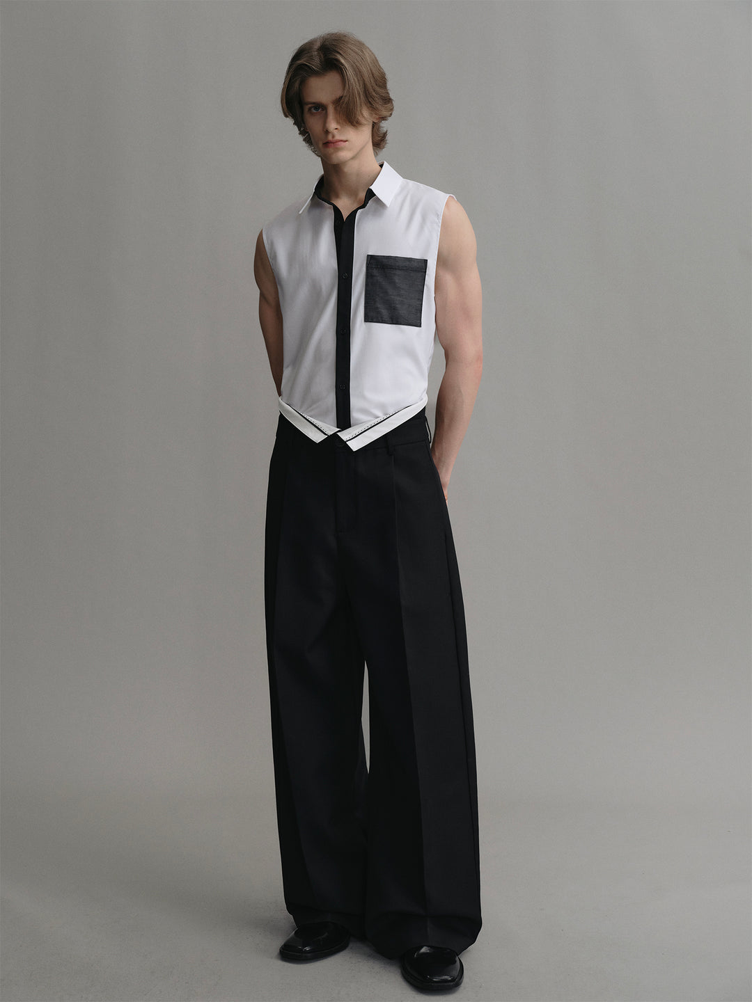 Wool Wide-leg Tailored Trousers With Spliced White Waistband Design