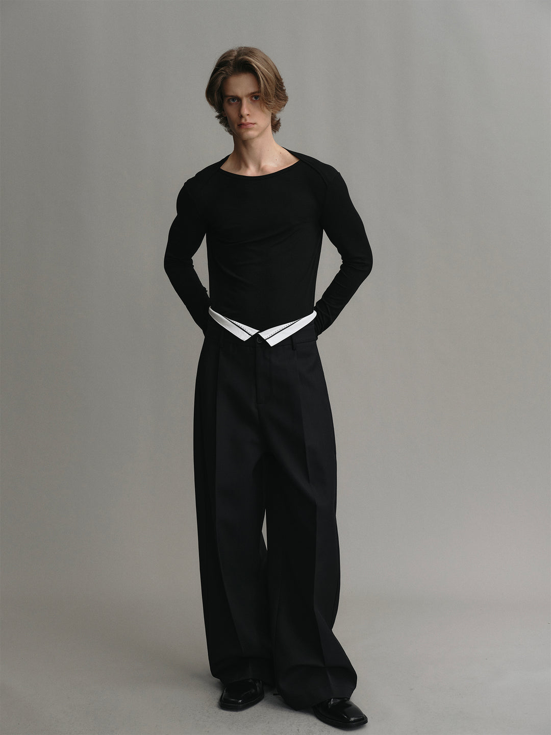 Wool Wide-leg Tailored Trousers With Spliced White Waistband Design