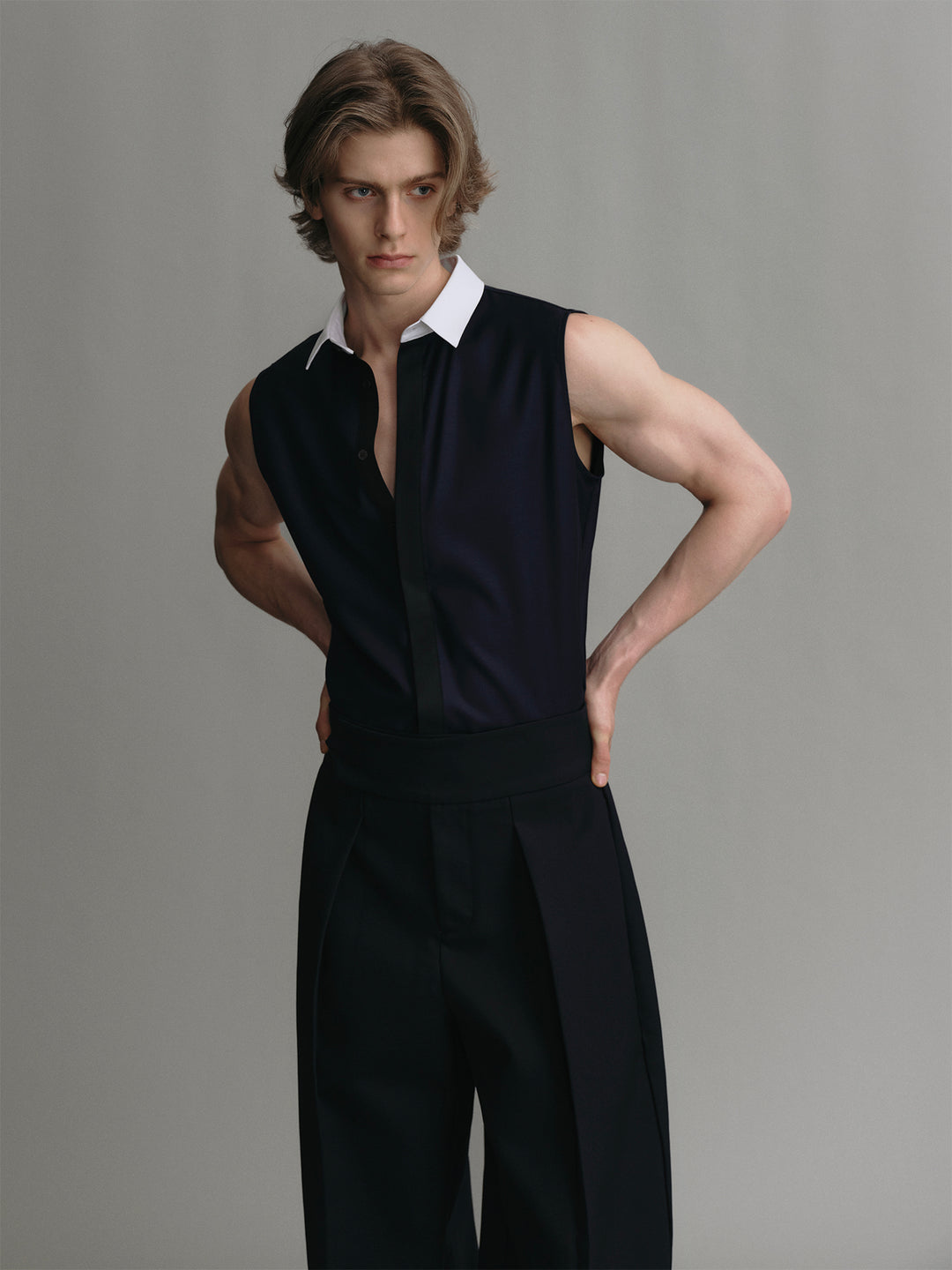 Navy Wool Sleeveless Vest Shirt With Spliced Collar And Placket Design
