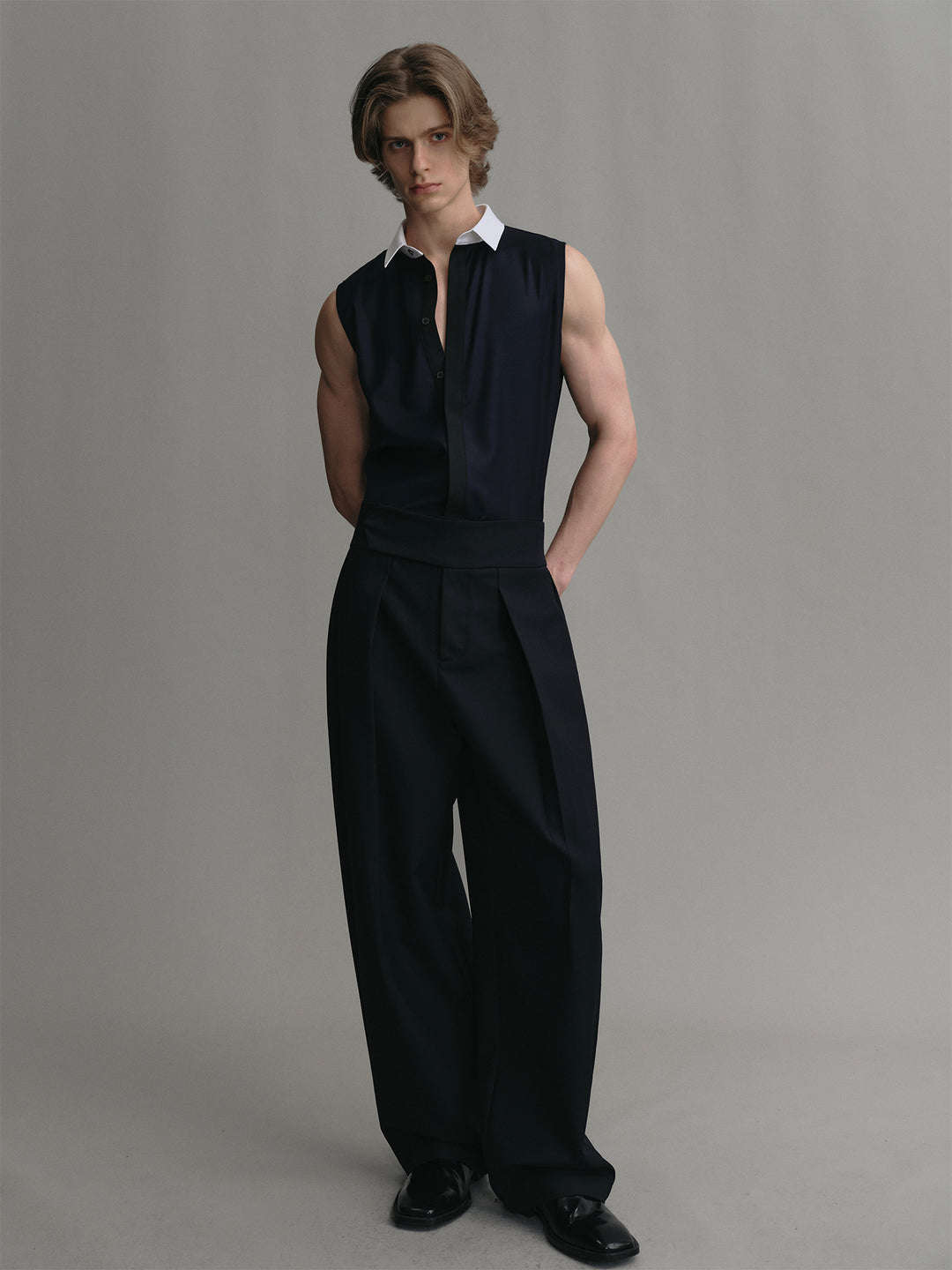 Navy Wool Sleeveless Vest Shirt With Spliced Collar And Placket Design