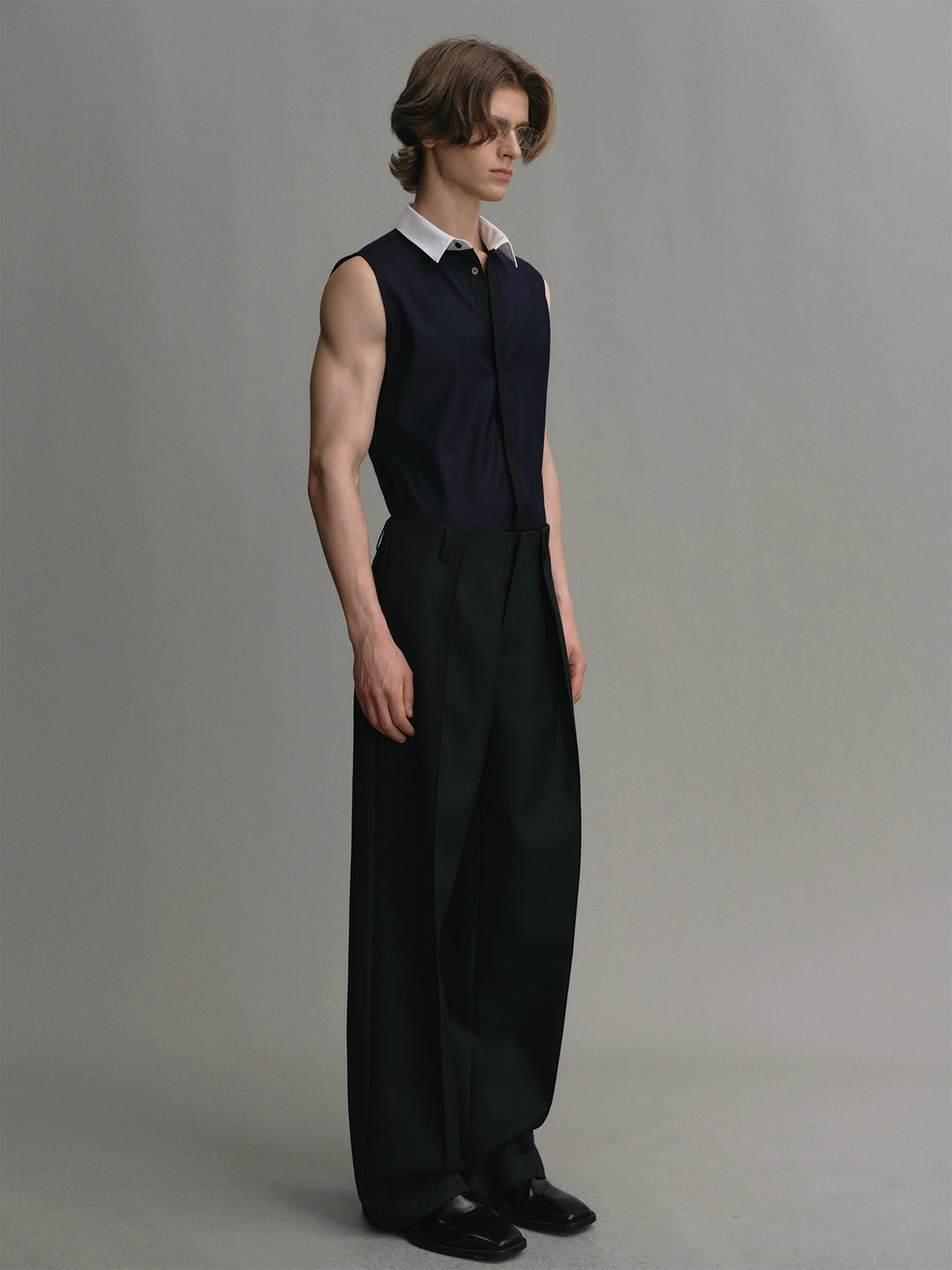 Navy Wool Sleeveless Vest Shirt With Spliced Collar And Placket Design